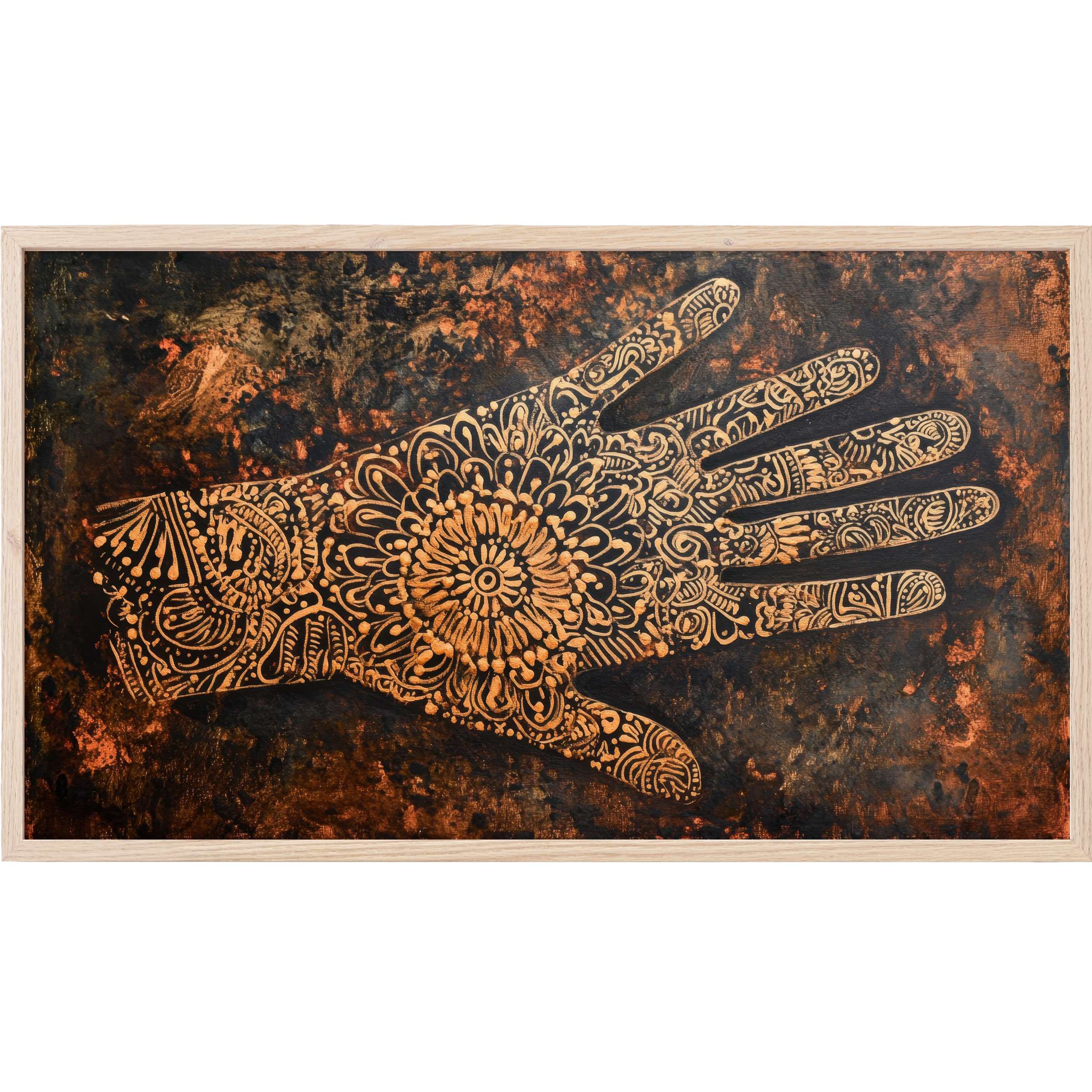 Boho Frame TV Art featuring a detailed henna-inspired hand pattern in warm ochre on rich textured black