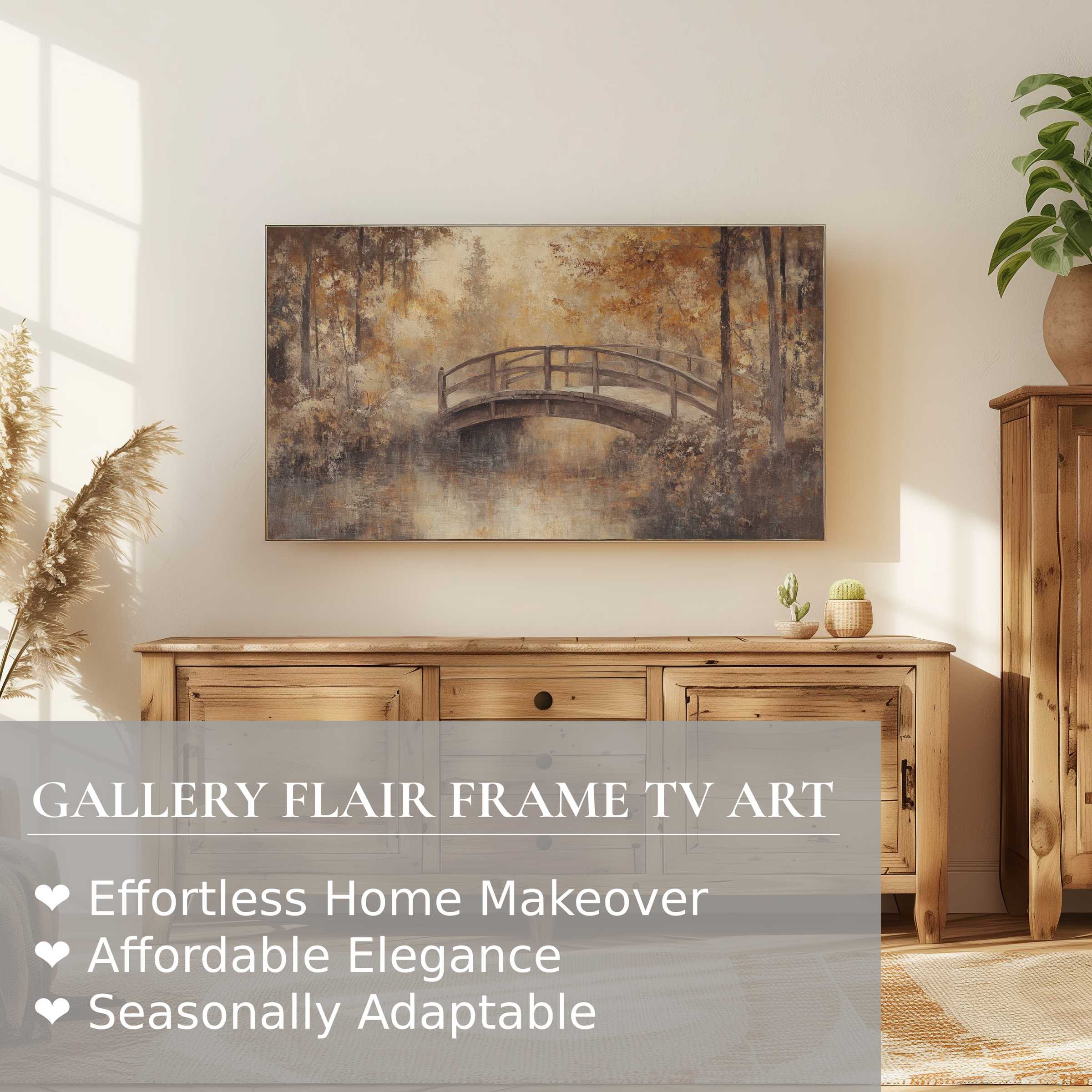 Samsung Frame TV displays fall digital artwork of a serene bridge in muted autumn hues, perfect for stylish home decor