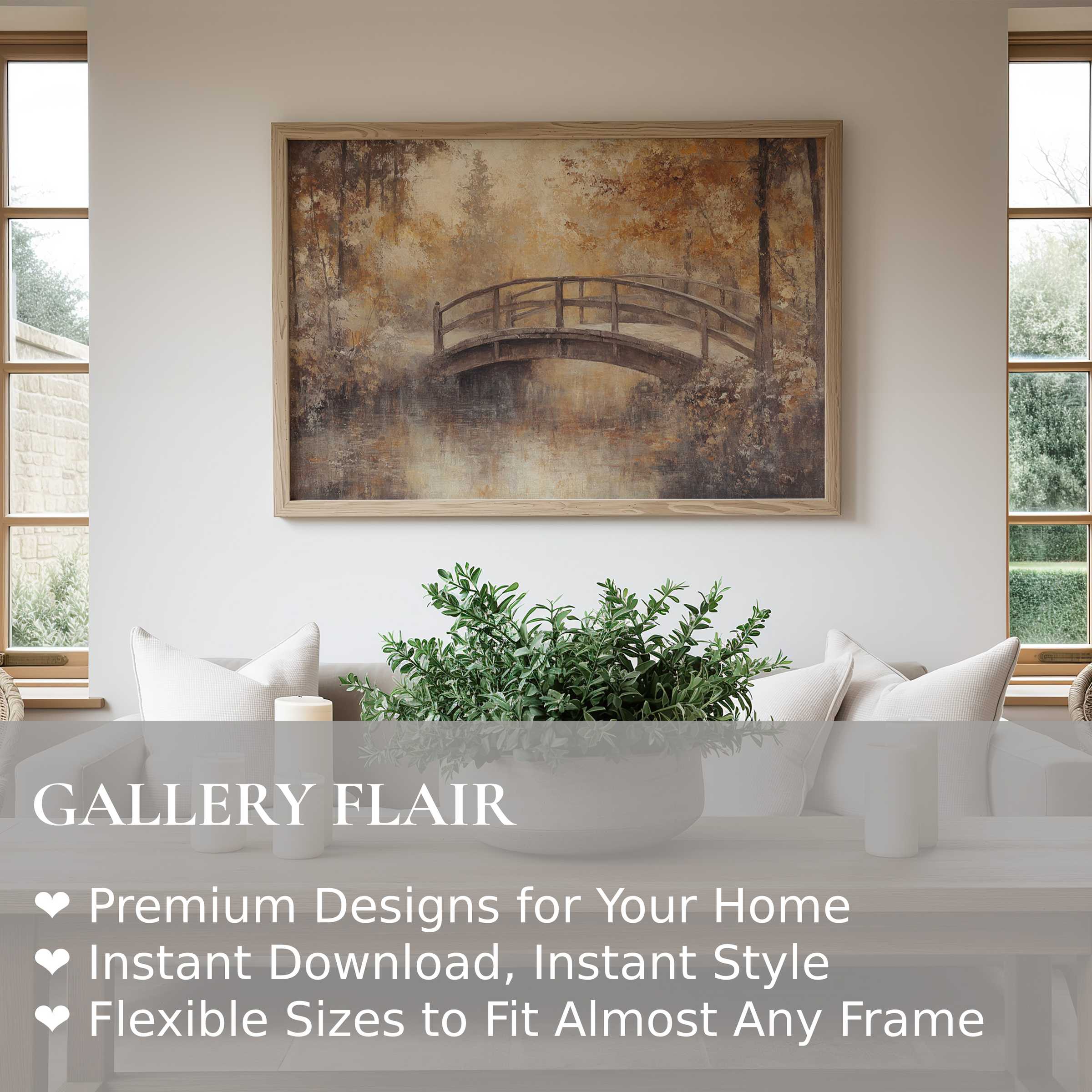 Fall wall art print featuring a serene bridge in warm amber hues, enriching modern farmhouse interiors with calm, rustic elegance