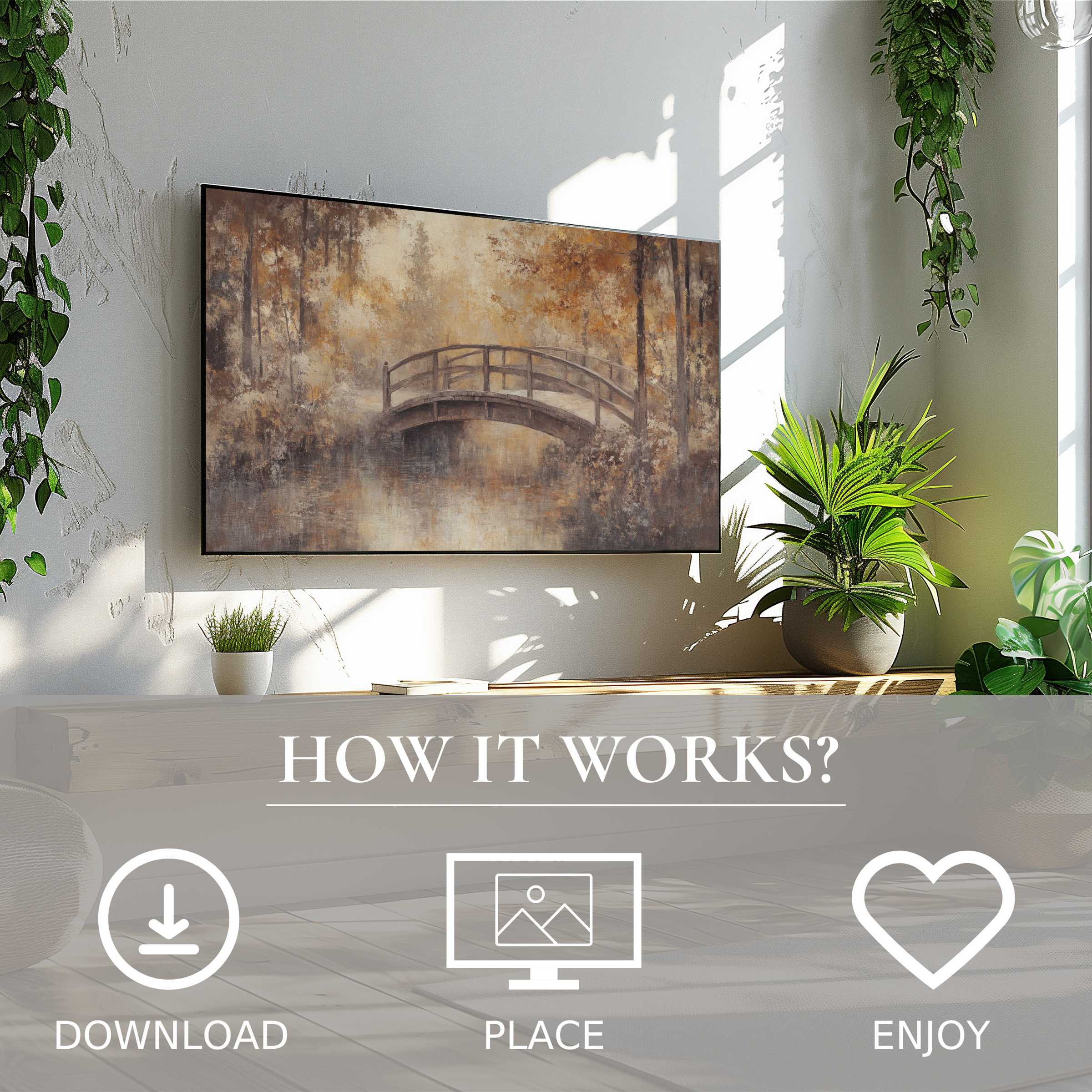 Fall art for Samsung TV shows soft sunset tones and misty bridge; easy digital download enriches modern living spaces