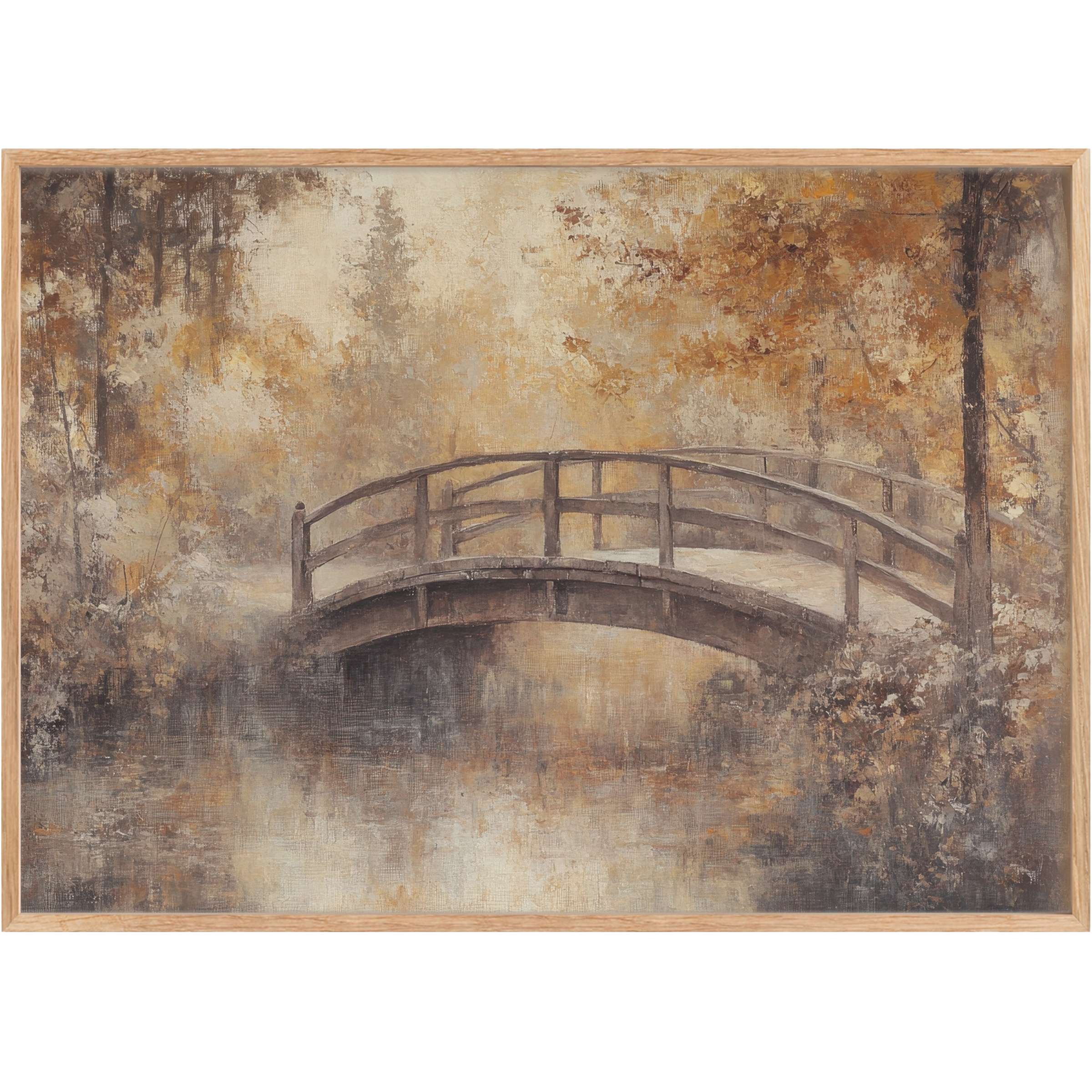 Serene fall printable wall art featuring a rustic bridge amid amber and sepia trees, evoking warmth and timeless elegance