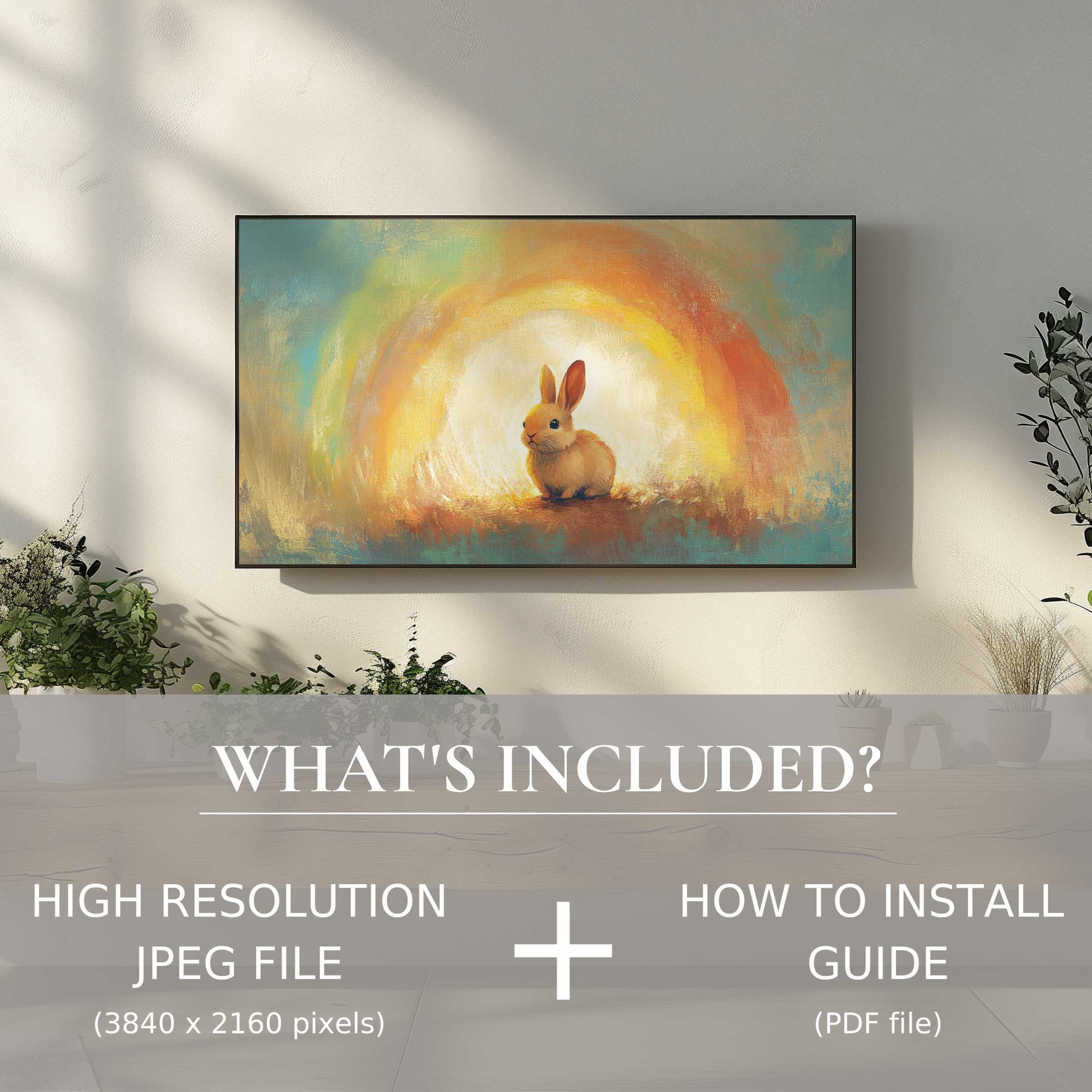 Elegant easter digital TV art download, easy to use, brightening modern living spaces with charming bunny artwork