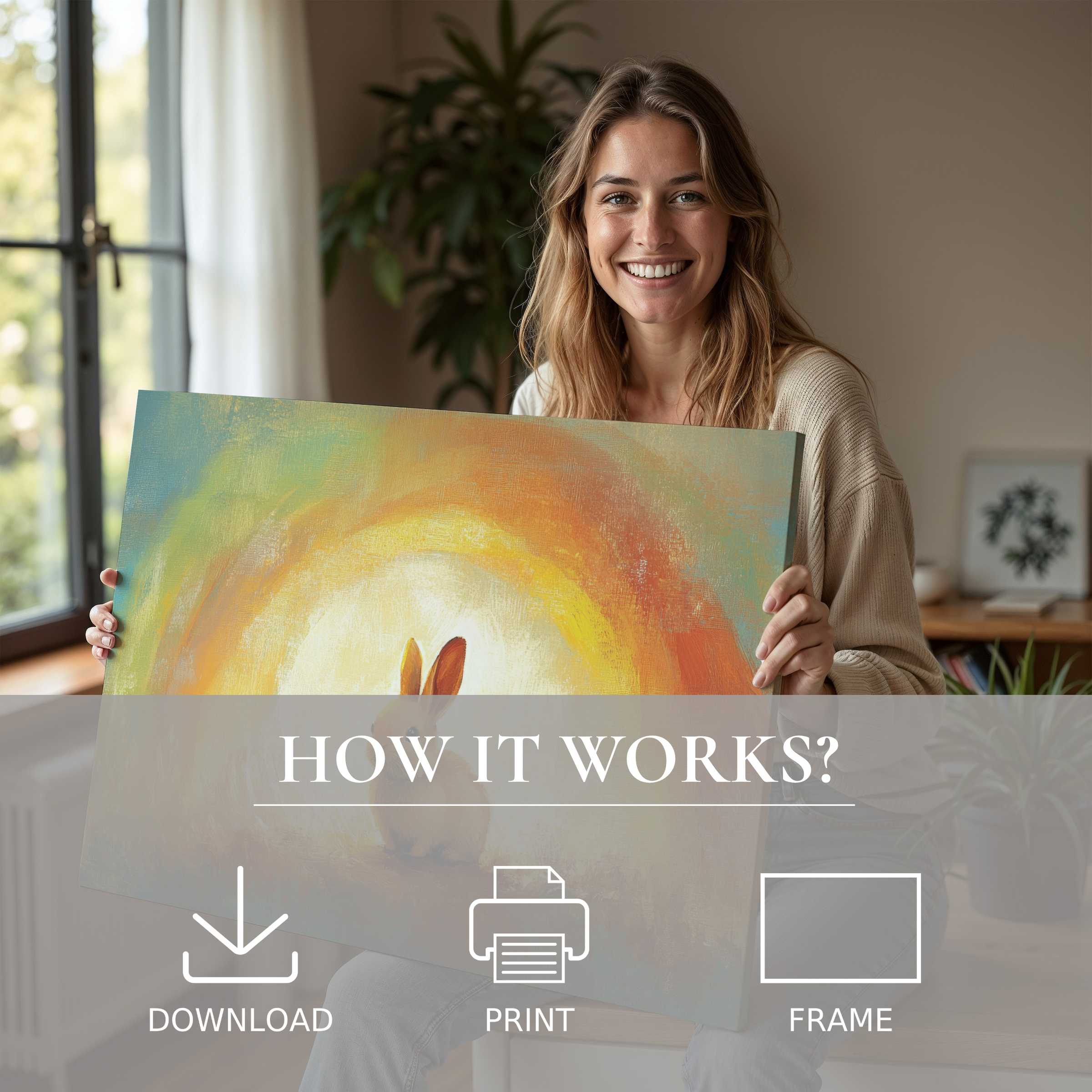 A radiant moment of joy with an Easter digital art print glowing in soft sunrise hues, enriching modern home warmth