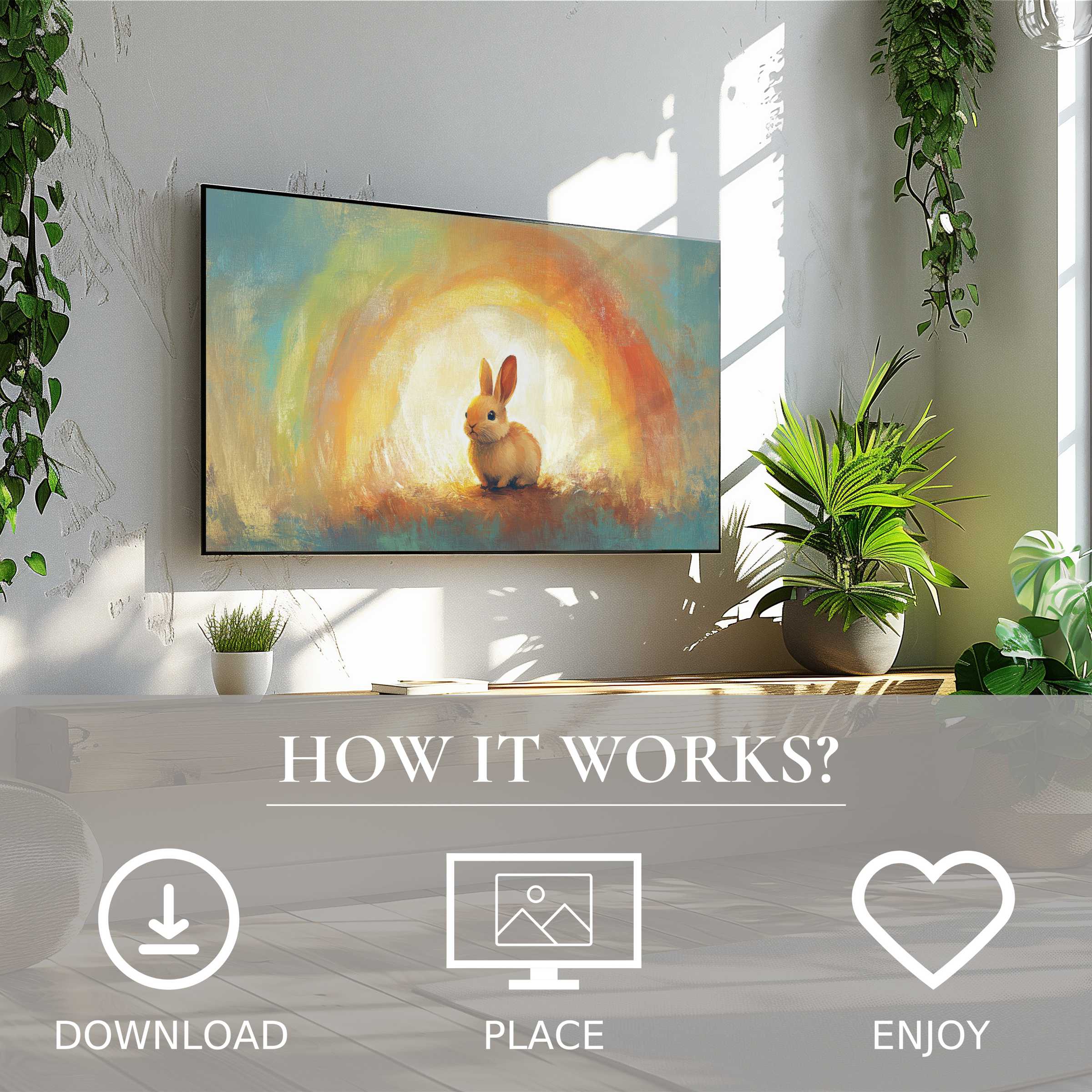 Bright easter art for Samsung TV shows warm glowing bunny; easy digital download adds charm to modern living spaces