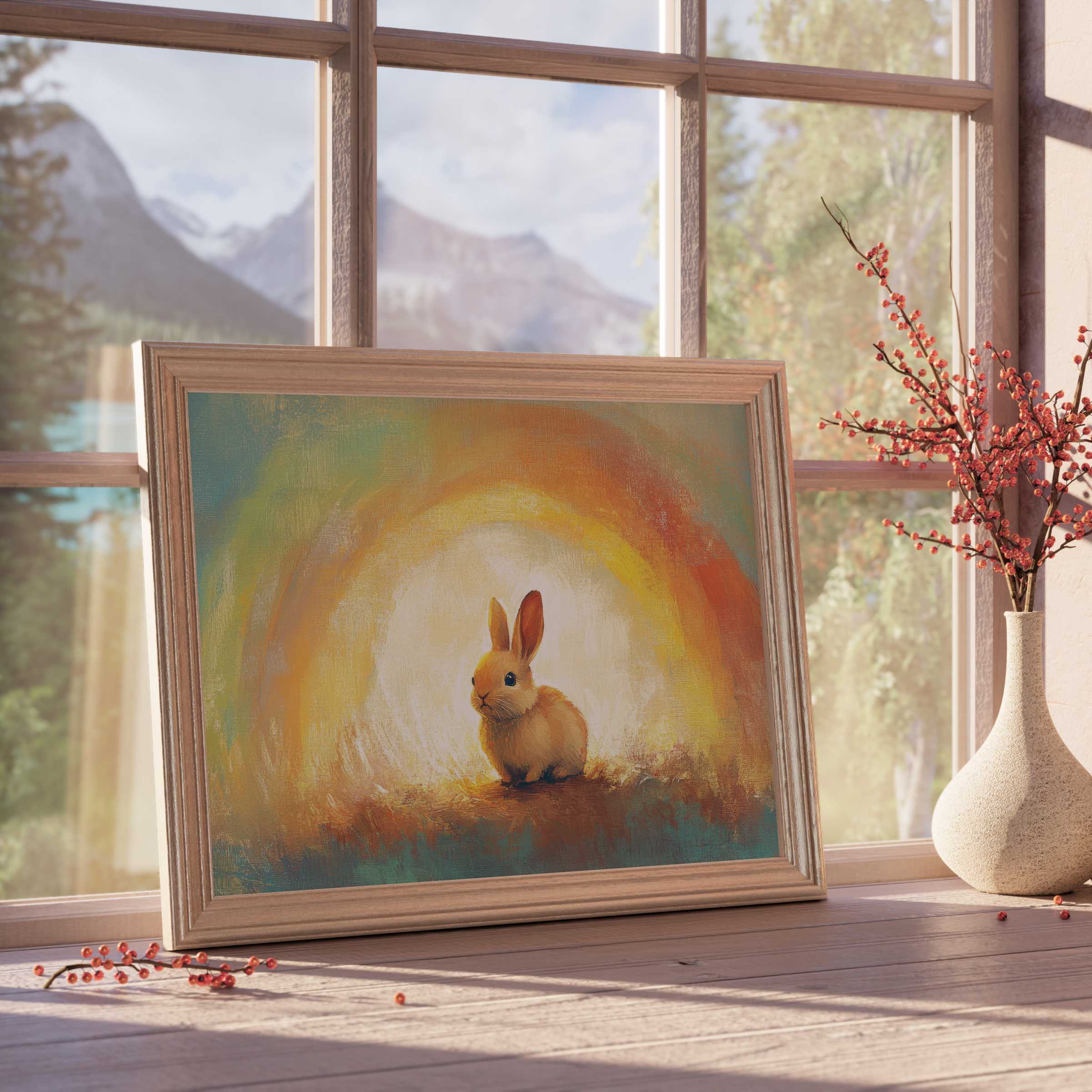 Easter downloadable art featuring a serene bunny bathed in warm light, perfect for curated, elegant spring interiors