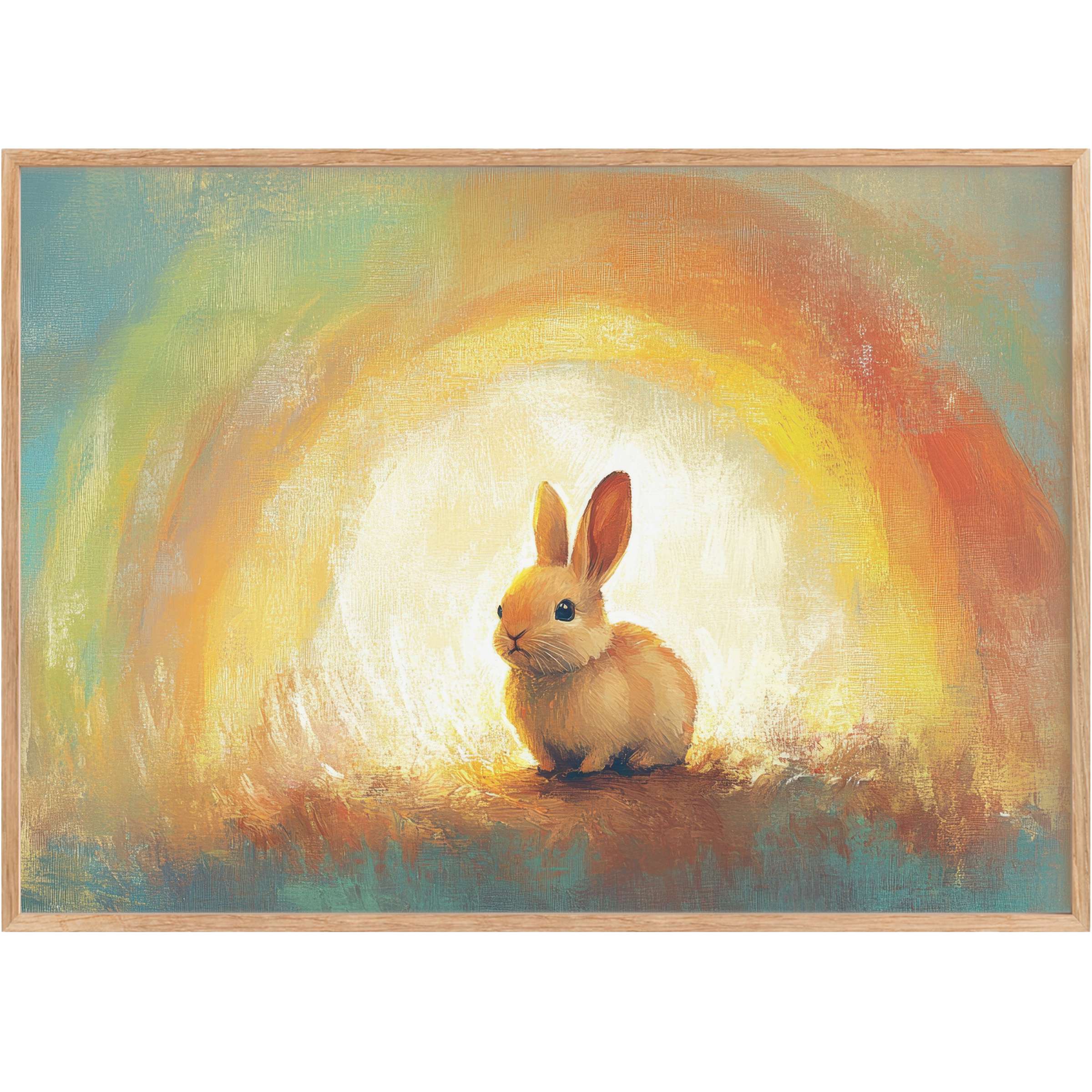 Easter printable wall art featuring a tender bunny bathed in warm gold and soft teal hues, radiating serene springtime charm