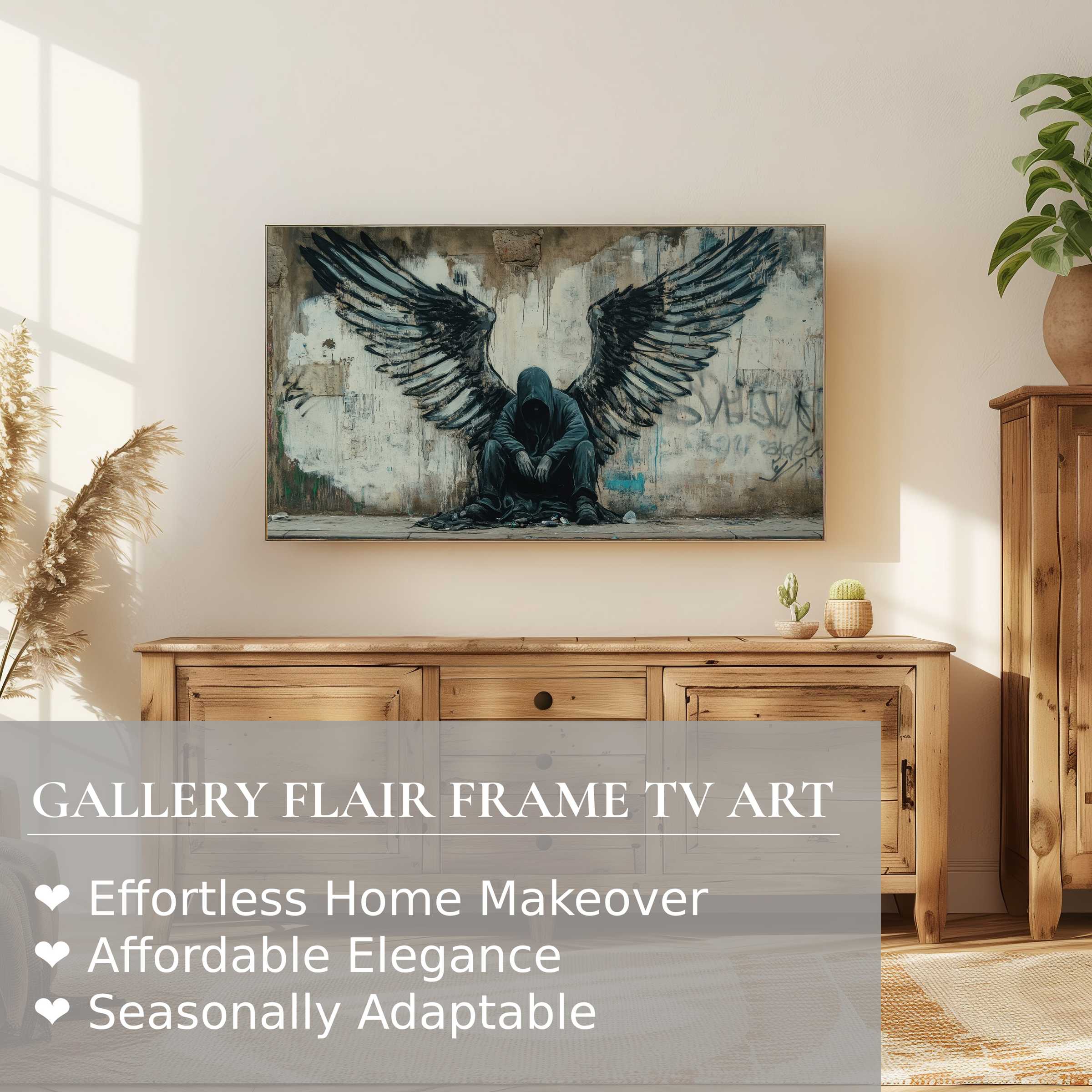 Modern living with street art digital artwork on Samsung Frame TV, blending urban edge and refined home decor elegance