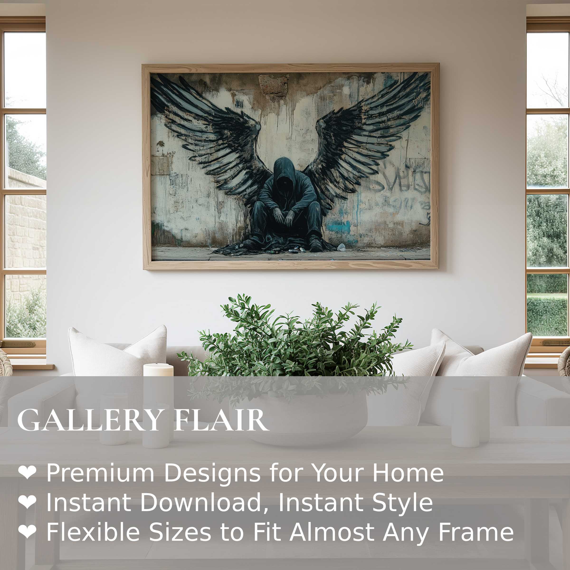 Moody street art wall art print featuring a cloaked figure with expansive wings, adding bold, urban edge to this serene, modern living room
