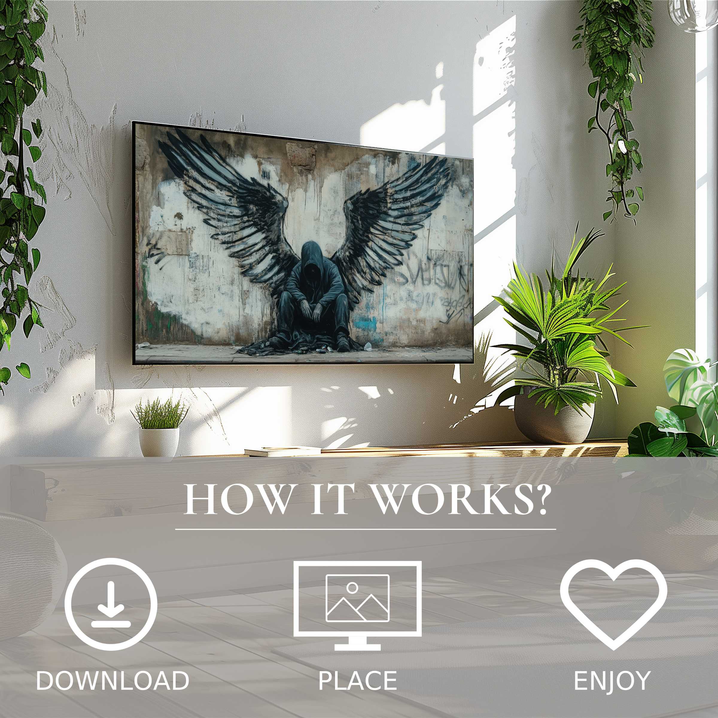 Modern living room with street art for Samsung TV showing urban angel motif, easy digital download enriches your space