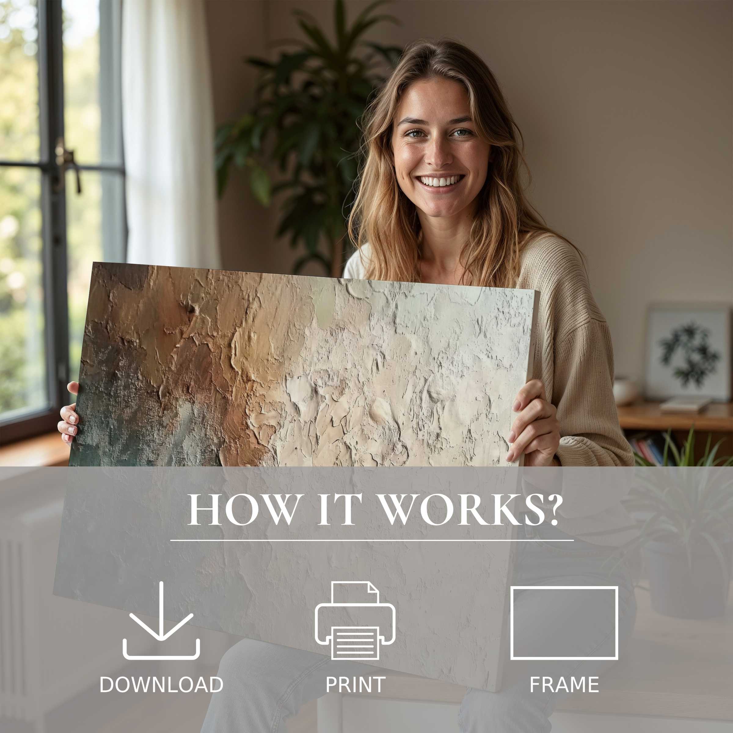 Smiling woman radiates joy in a sunlit modern home, embracing the serene beauty of an abstract digital art print