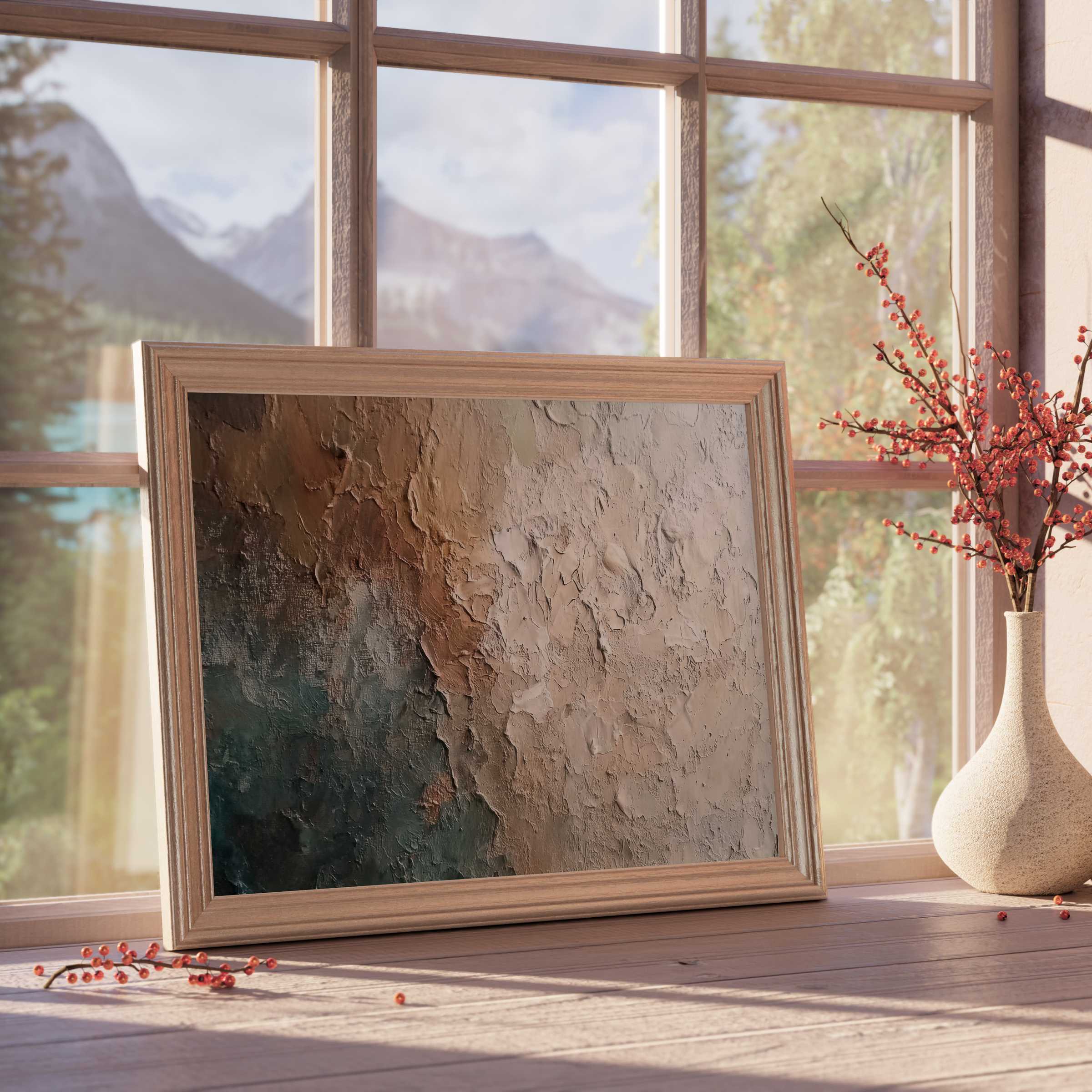 Abstract downloadable art in earthy textures and muted tones, infusing curated interiors with warm, tranquil elegance and timeless design