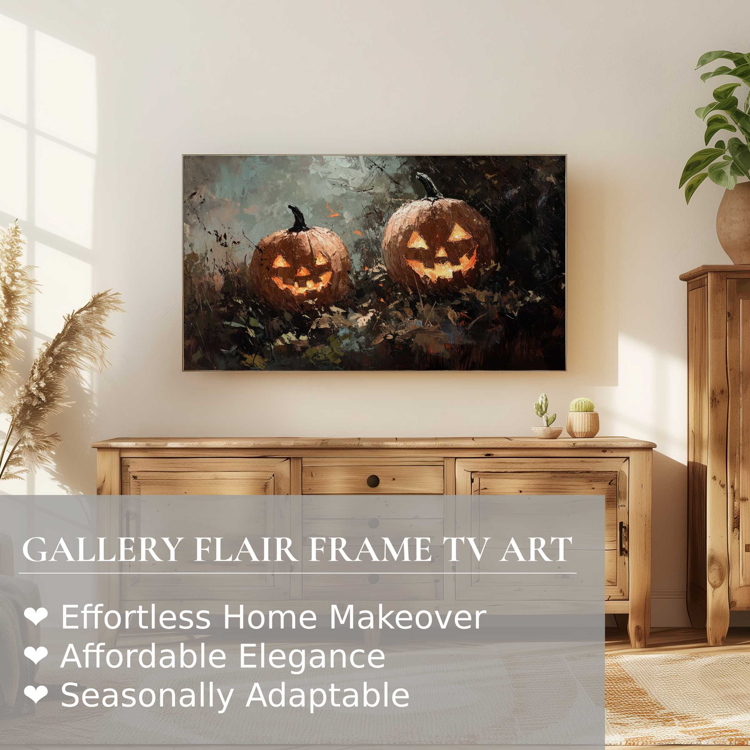 Stylish Halloween digital artwork of glowing pumpkins displayed on Samsung Frame TV in a warm, elegant living space