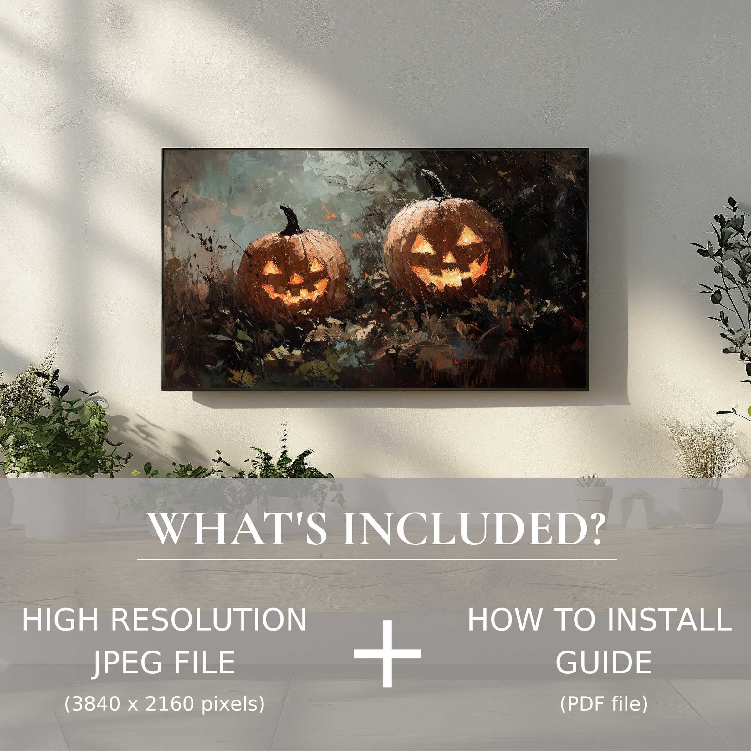 Elegant Halloween digital TV art download with glowing pumpkins, easy to use and stylishly enhances any modern living space