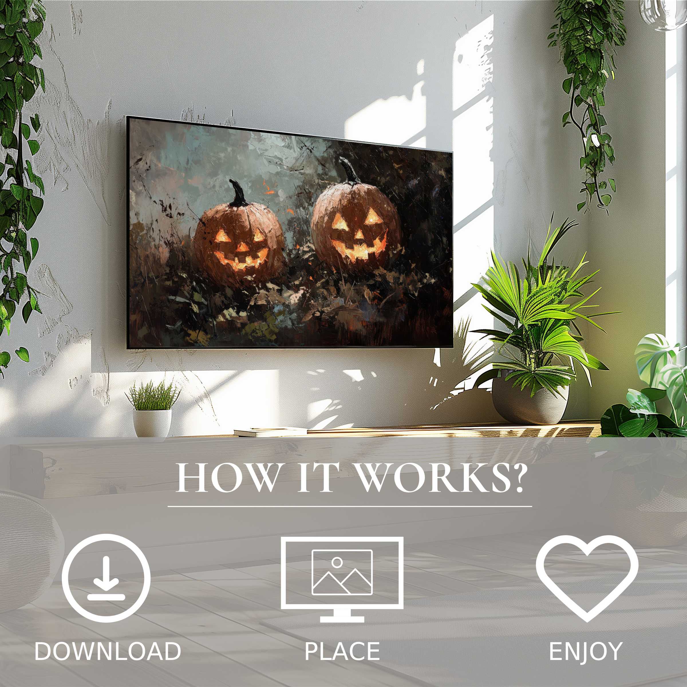 Modern living room with halloween art for Samsung TV; glowing pumpkins glow in warm, textured tones; easy digital download