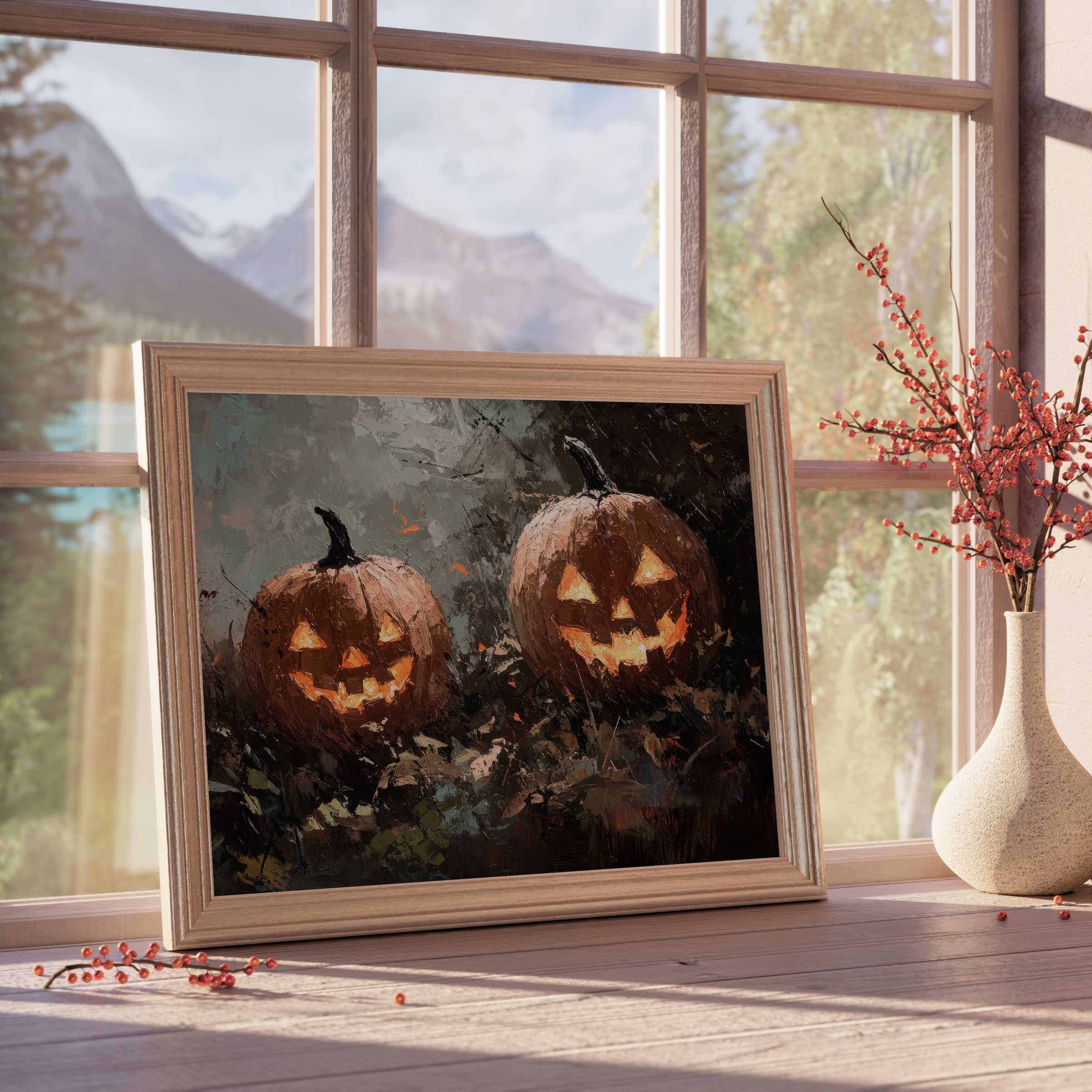Halloween downloadable art features warmly glowing jack-o'-lanterns framed in natural wood, enriching serene, design-forward interiors with seasonal charm and cozy autumn ambiance