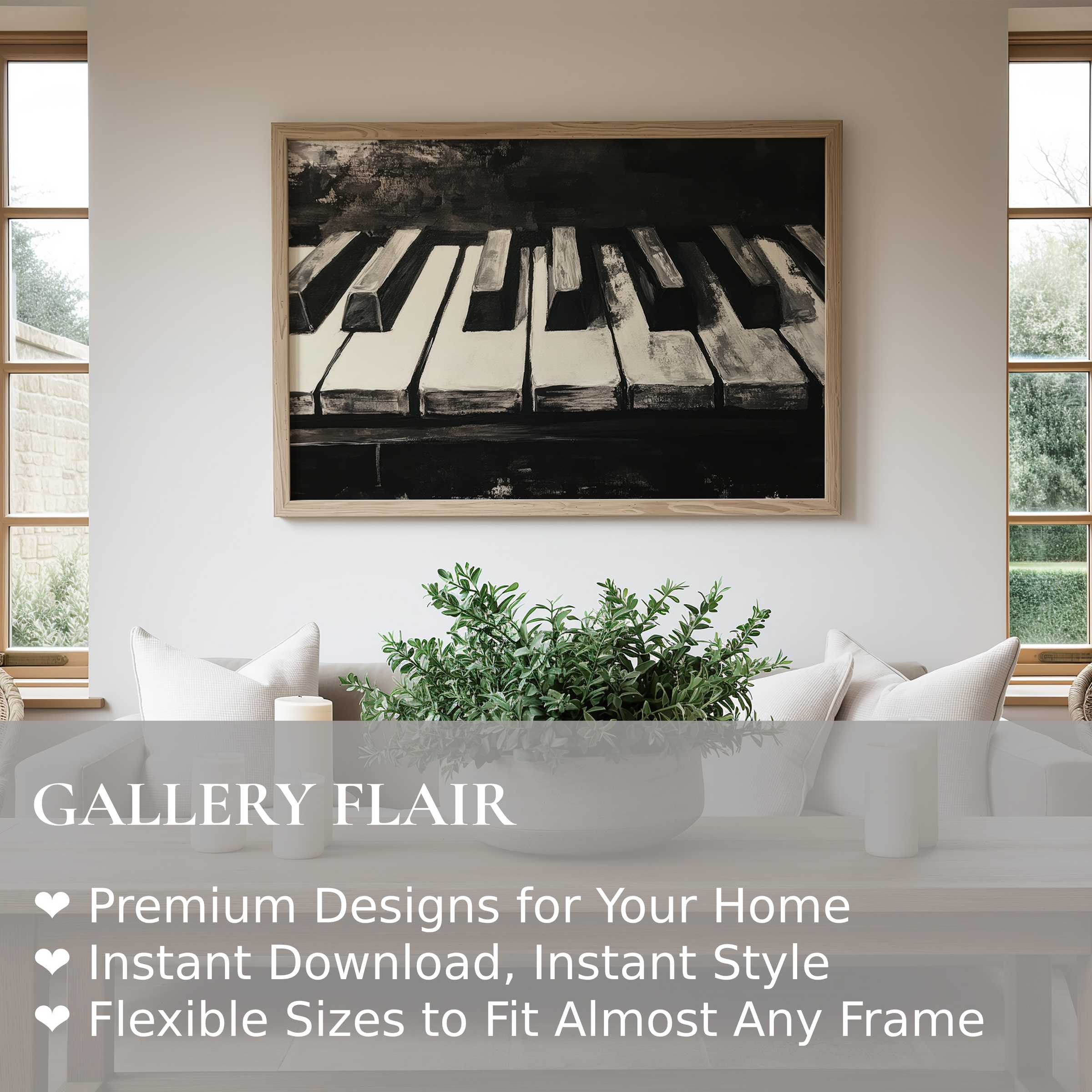 Bold black and white wall art print of piano keys elevates the modern minimalist living space with timeless, artistic sophistication