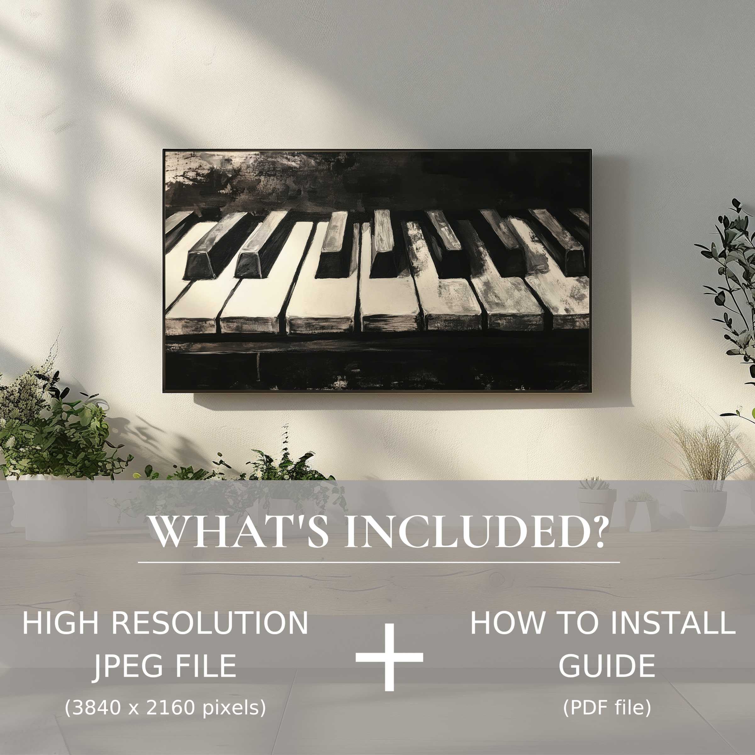 Elegant black and white digital TV art download enhances modern living rooms with easy digital use and timeless piano keys