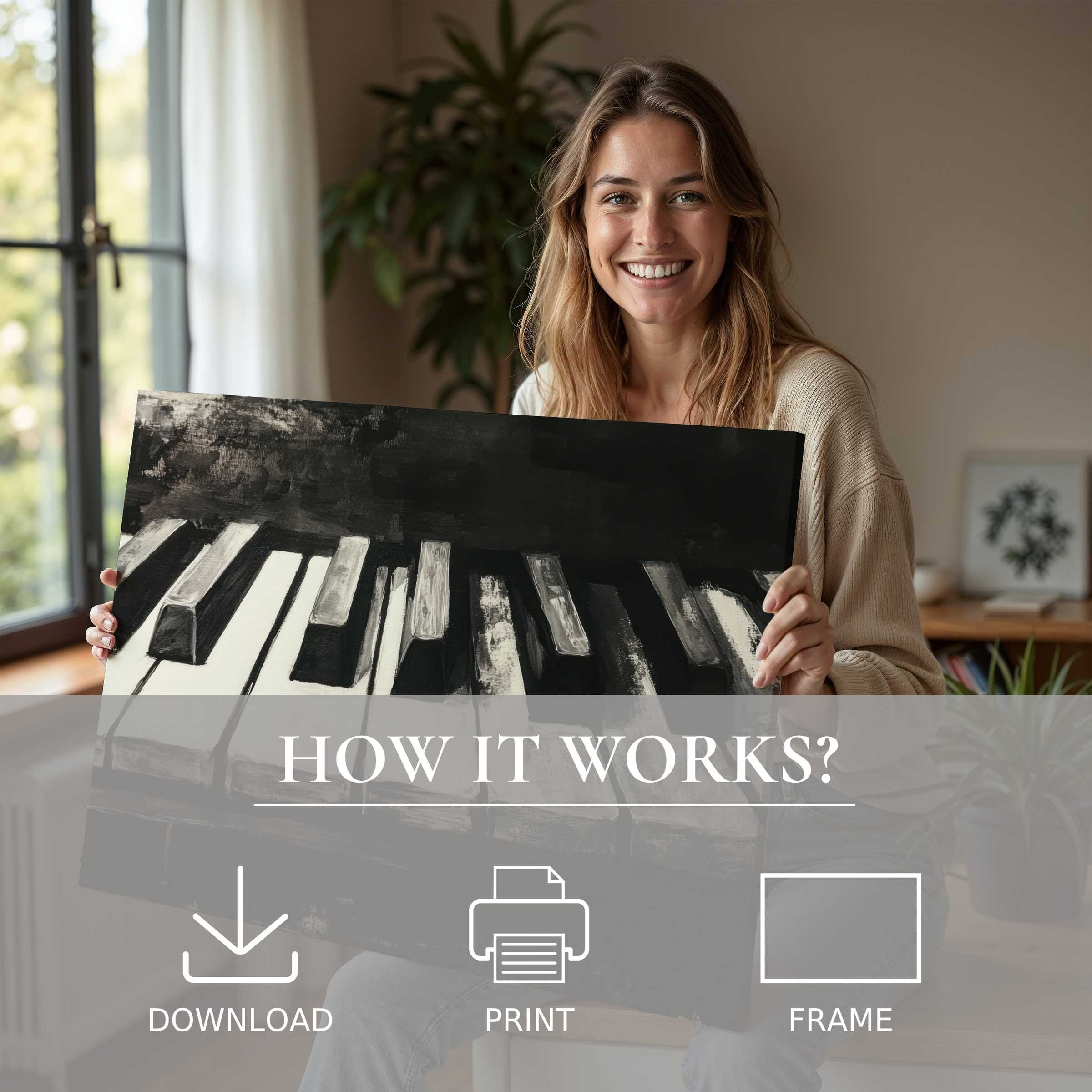 A radiant woman in a sunlit, modern home celebrates the effortless elegance of a black and white digital art print, capturing joy and serenity in every brushstroke