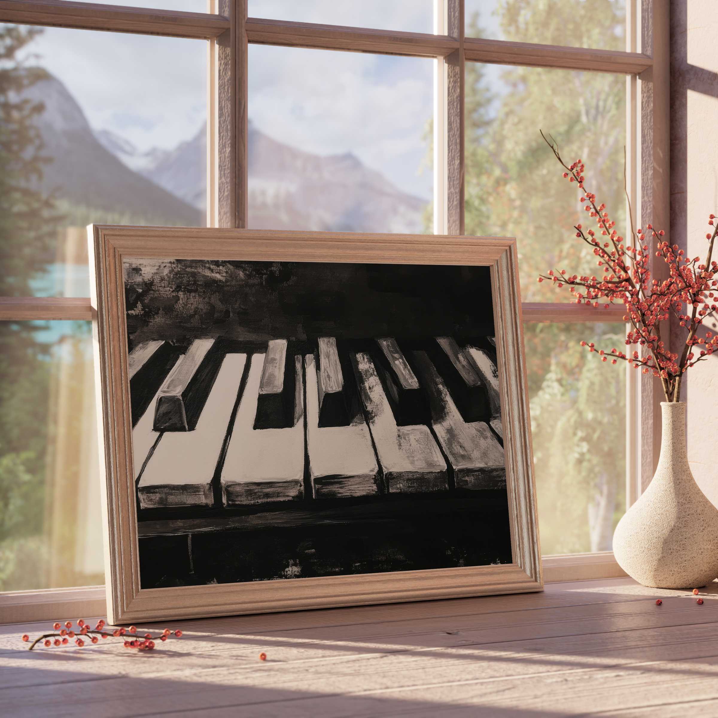 Black and white downloadable art capturing vintage piano keys, perfect for stylish, tranquil, design-forward interiors with warm natural light