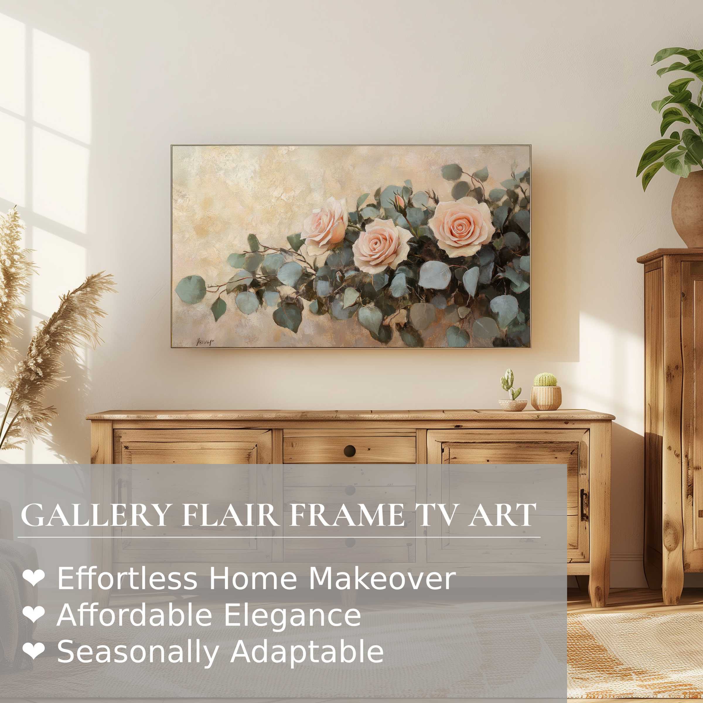 Samsung Frame TV displaying floral digital artwork with soft roses, modern rustic decor, and warm natural light