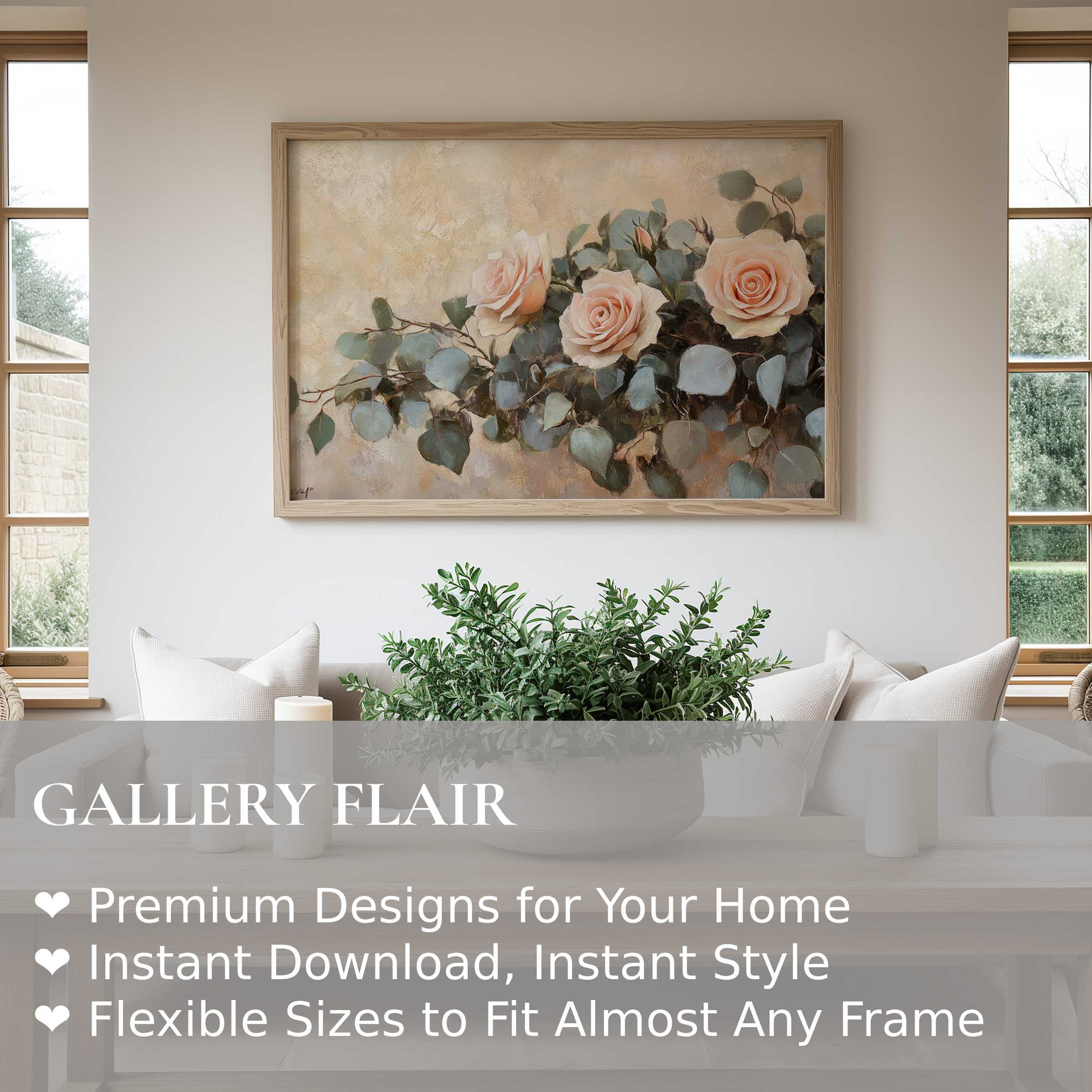 Elegant floral wall art print featuring soft peach roses and muted greenery, enhancing serene modern farmhouse interiors with timeless charm
