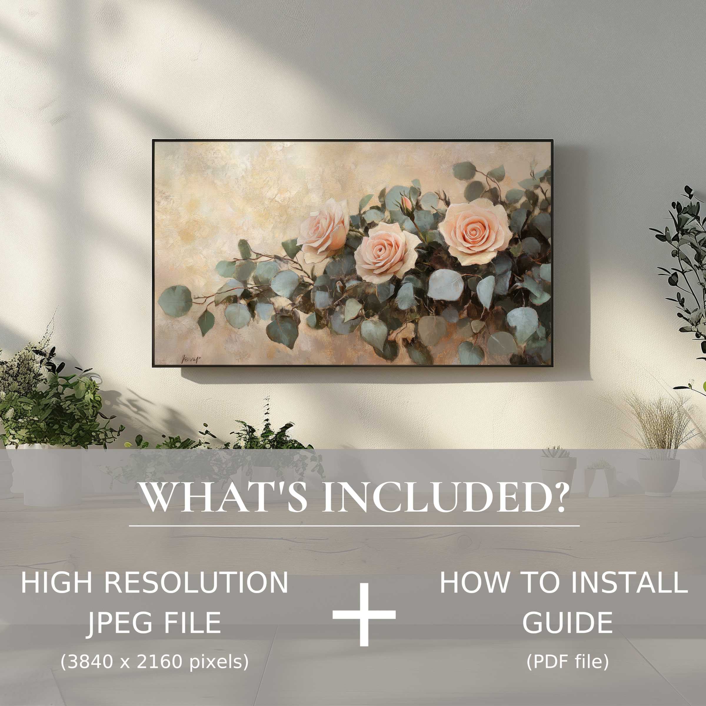 Elegant floral digital TV art download enhances any living space with ease, showcasing soft roses and foliage