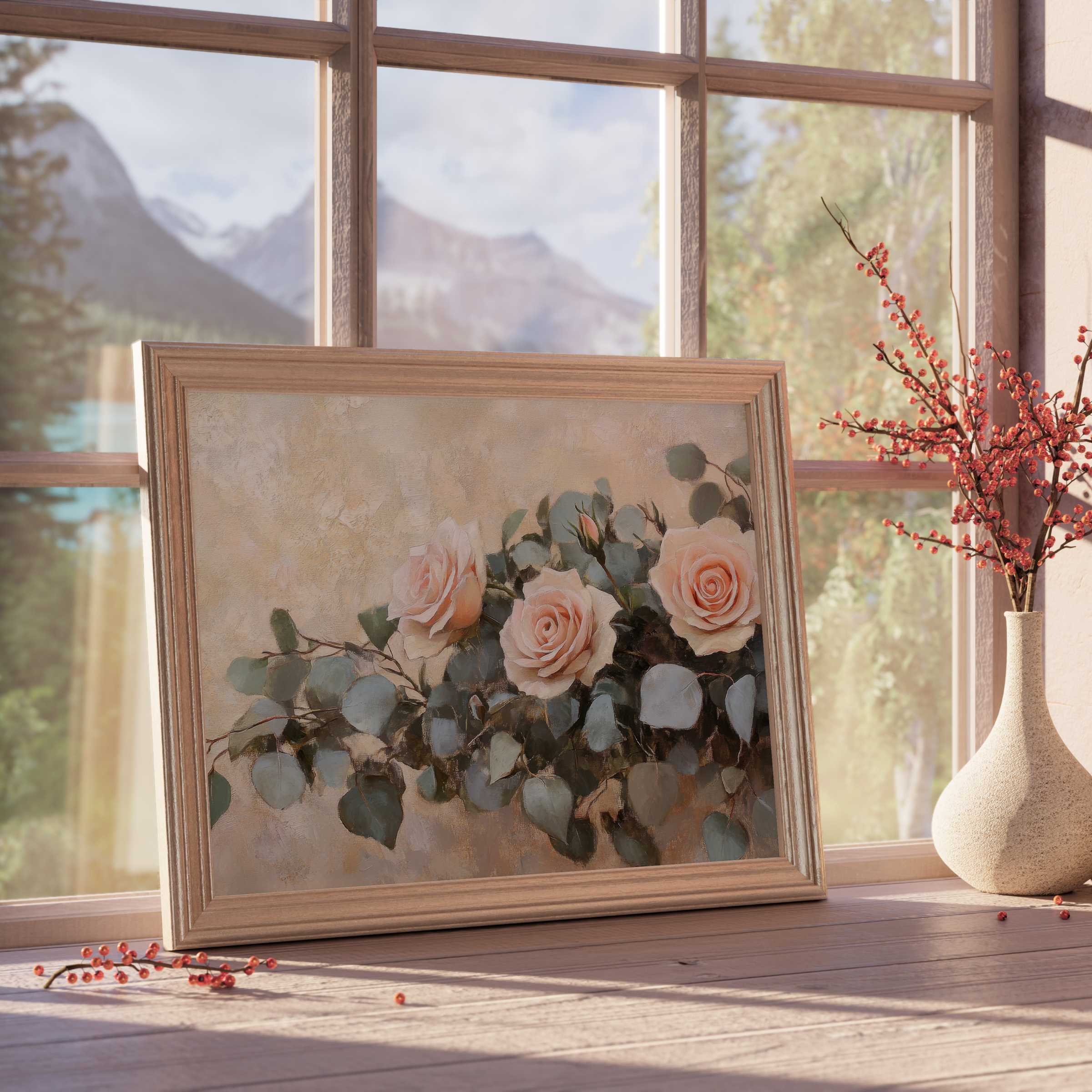 Elegant floral downloadable art featuring soft blush roses and muted greenery, enhancing tranquil, design-forward interiors with timeless charm