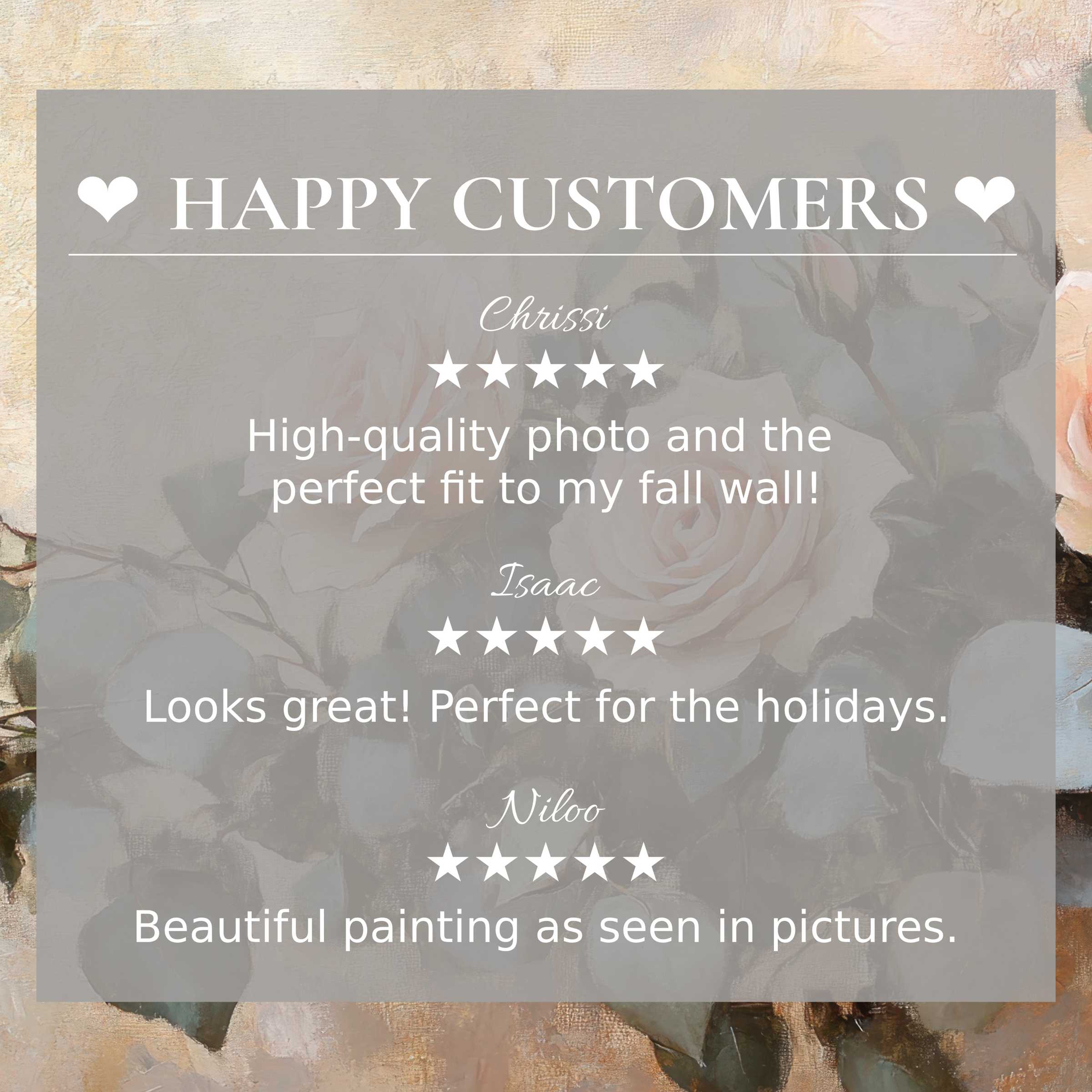 Floral art for Frame TV, happy customer reviews highlight elegant roses on a soft beige background, inspiring trust