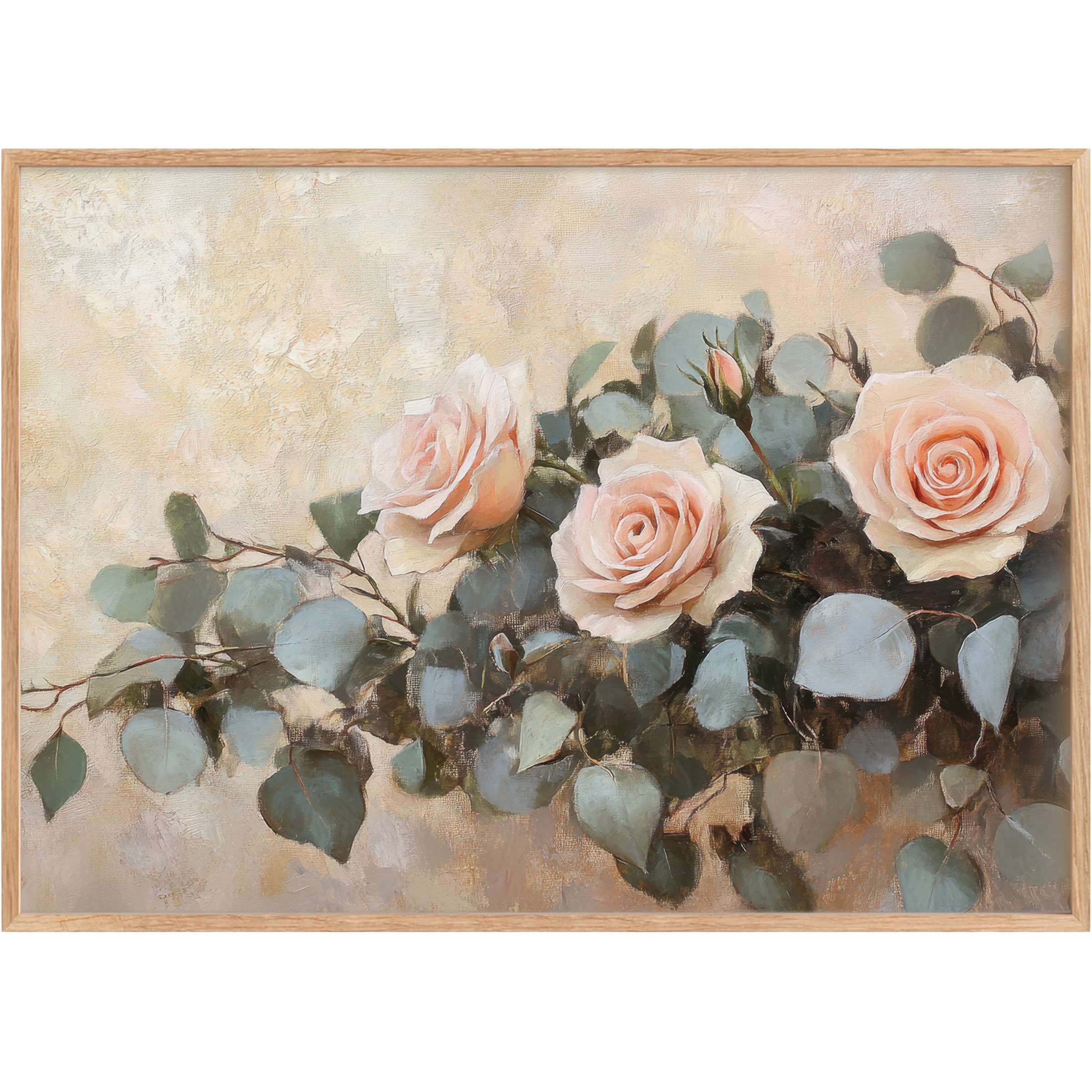 Elegant floral printable wall art featuring soft blush roses and muted emerald leaves, creating a serene, timeless ambiance