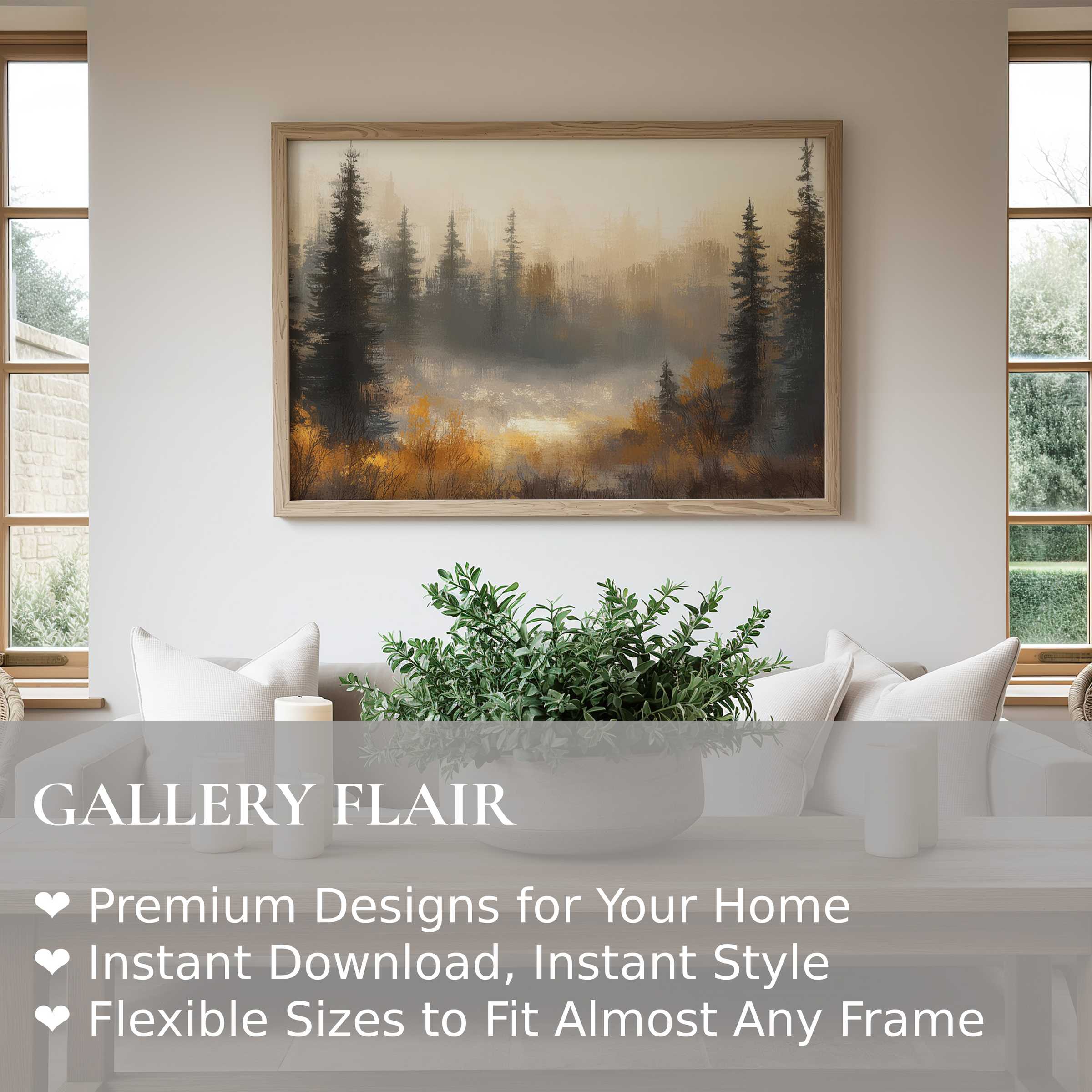 Serene tree wall art print with misty evergreens and warm autumn hues, enriching minimalist living spaces with calming, nature-inspired elegance