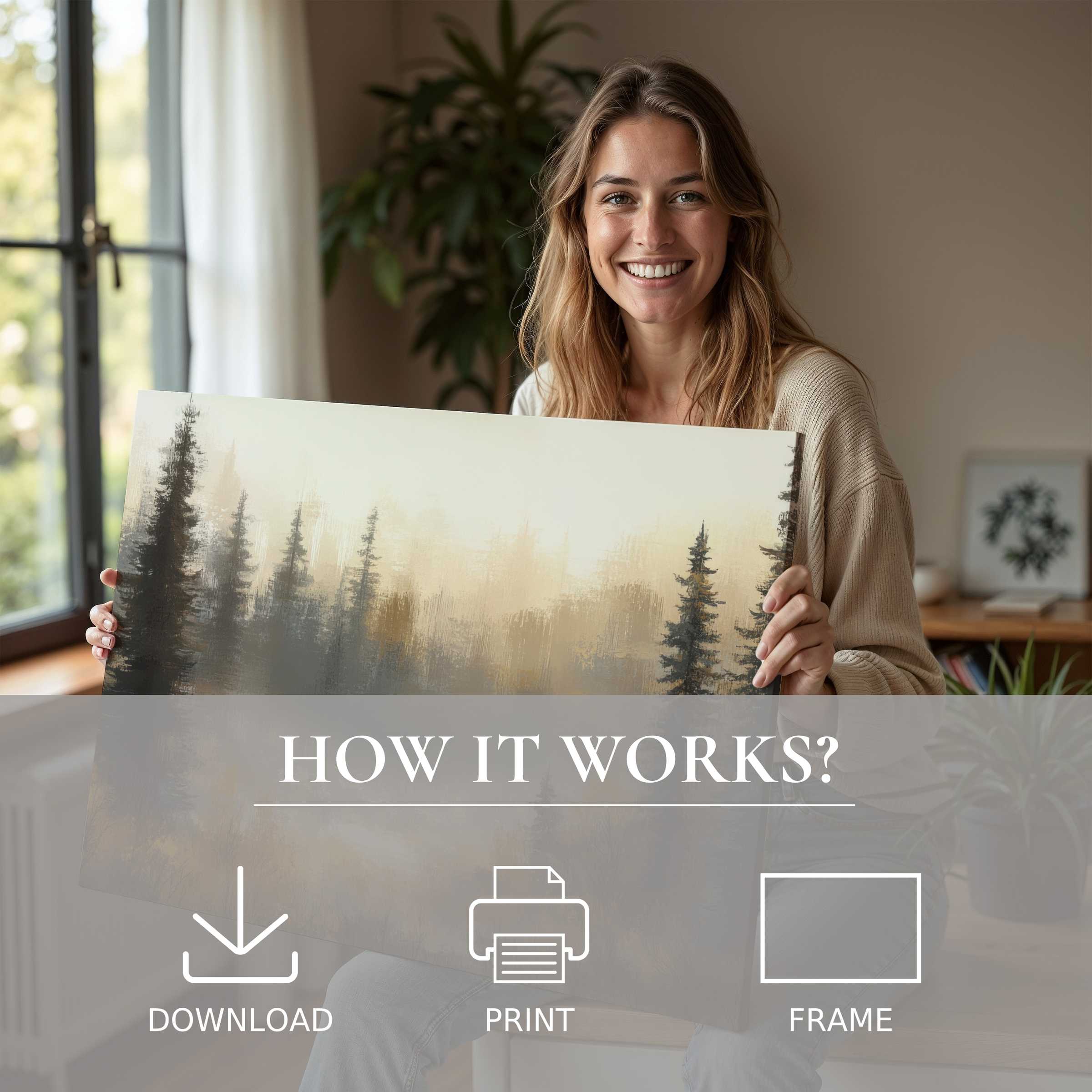 A serene moment of joy as a stylish woman embraces a tree digital art print, bringing calming nature-inspired elegance to her modern home