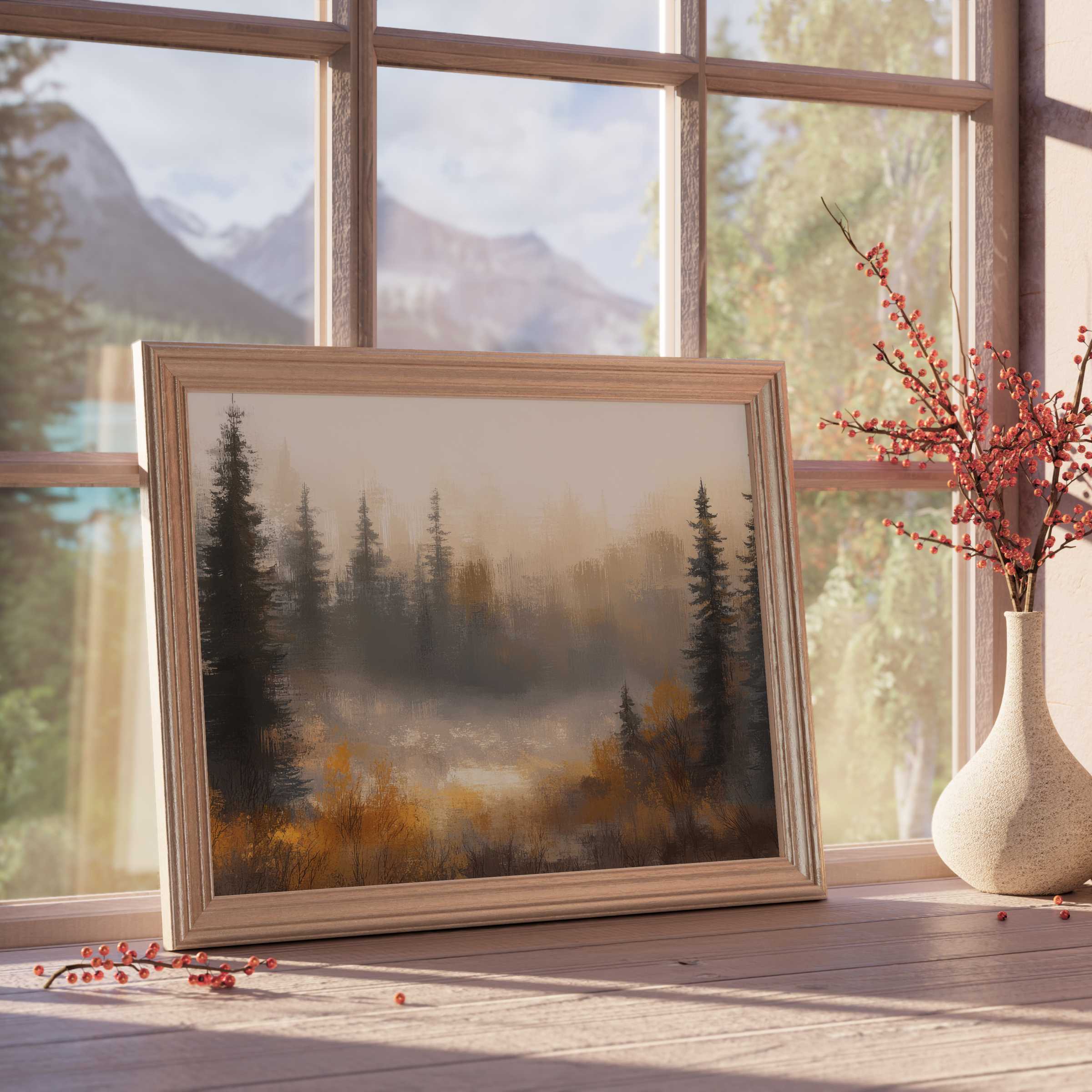 Serene tree downloadable art with misty forest hues, enriching refined interiors with warm, tranquil, and sophisticated autumnal charm