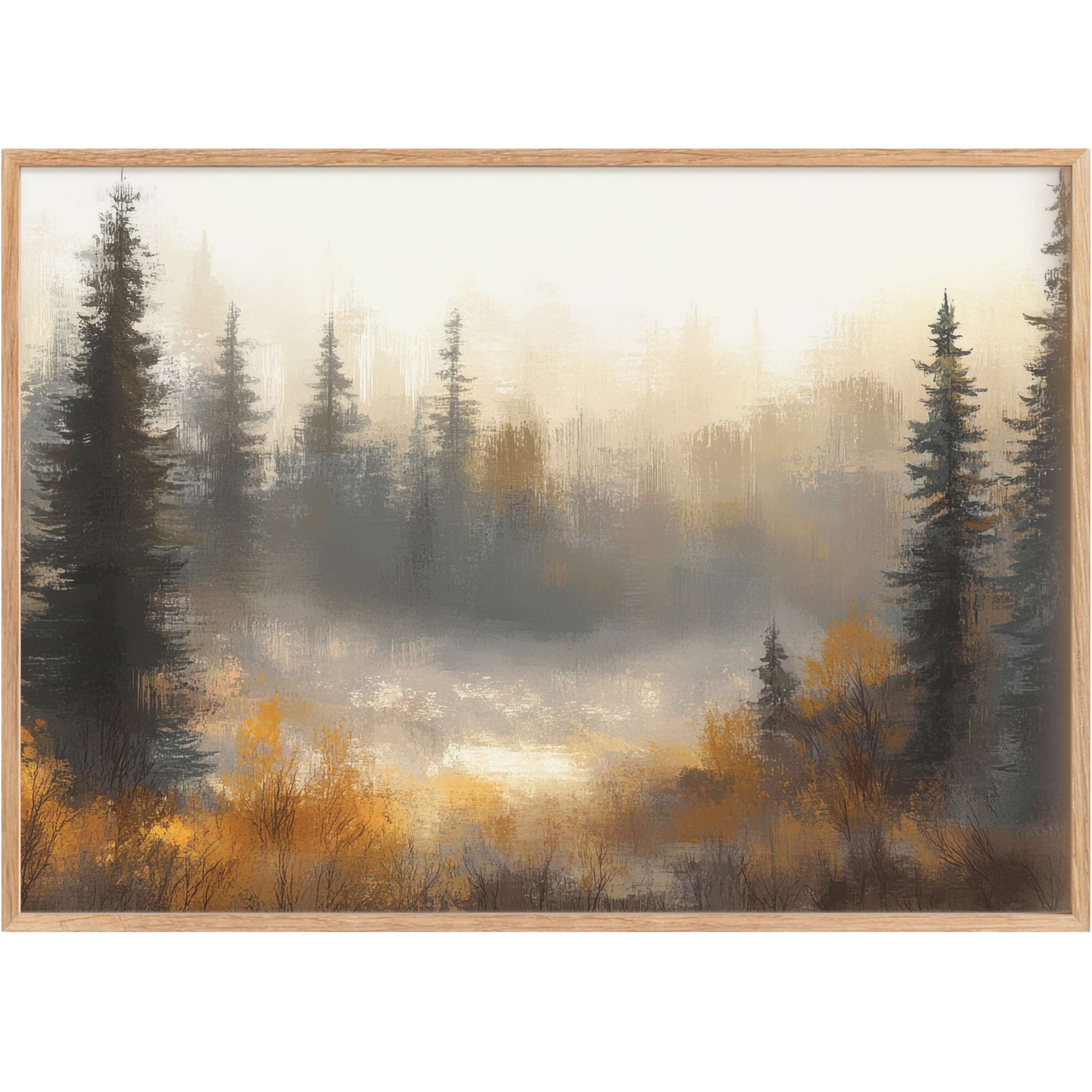 Serene tree printable wall art blending muted grays and warm amber tones to evoke a tranquil, misty forest ambiance