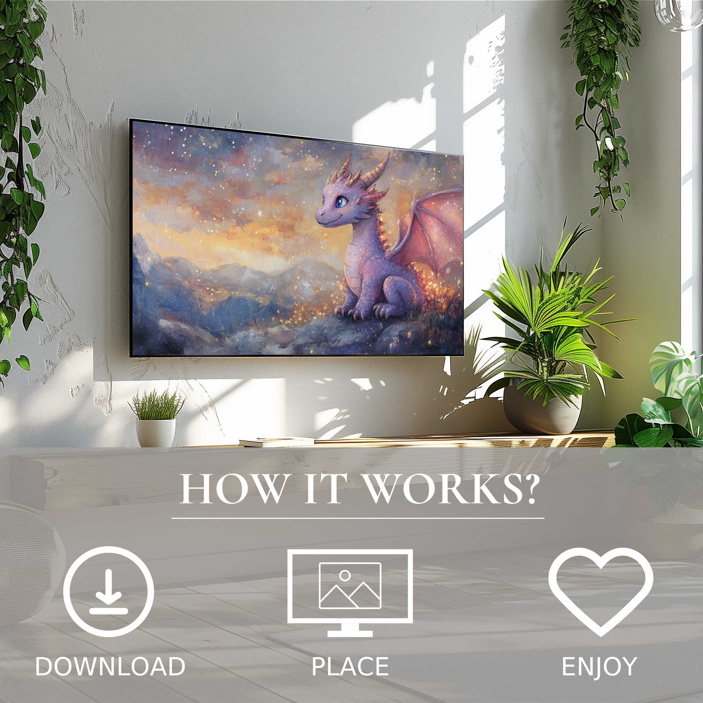 Nursery art for Samsung TV shows a digital dragon with soft sunset tones, easy download enriches modern living spaces