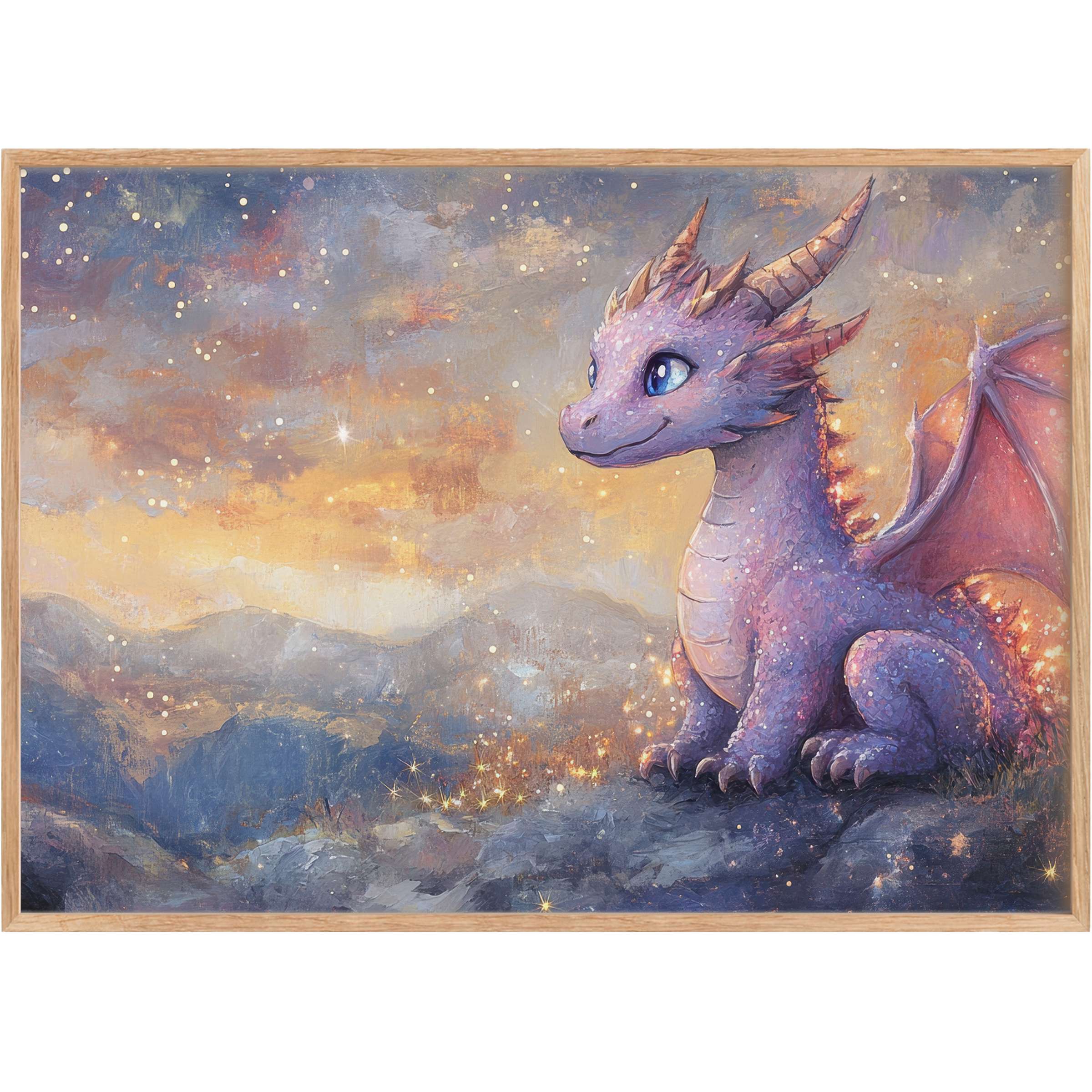 Enchanting nursery printable wall art featuring a gentle purple dragon basking in twilight hues, evoking wonder and warmth