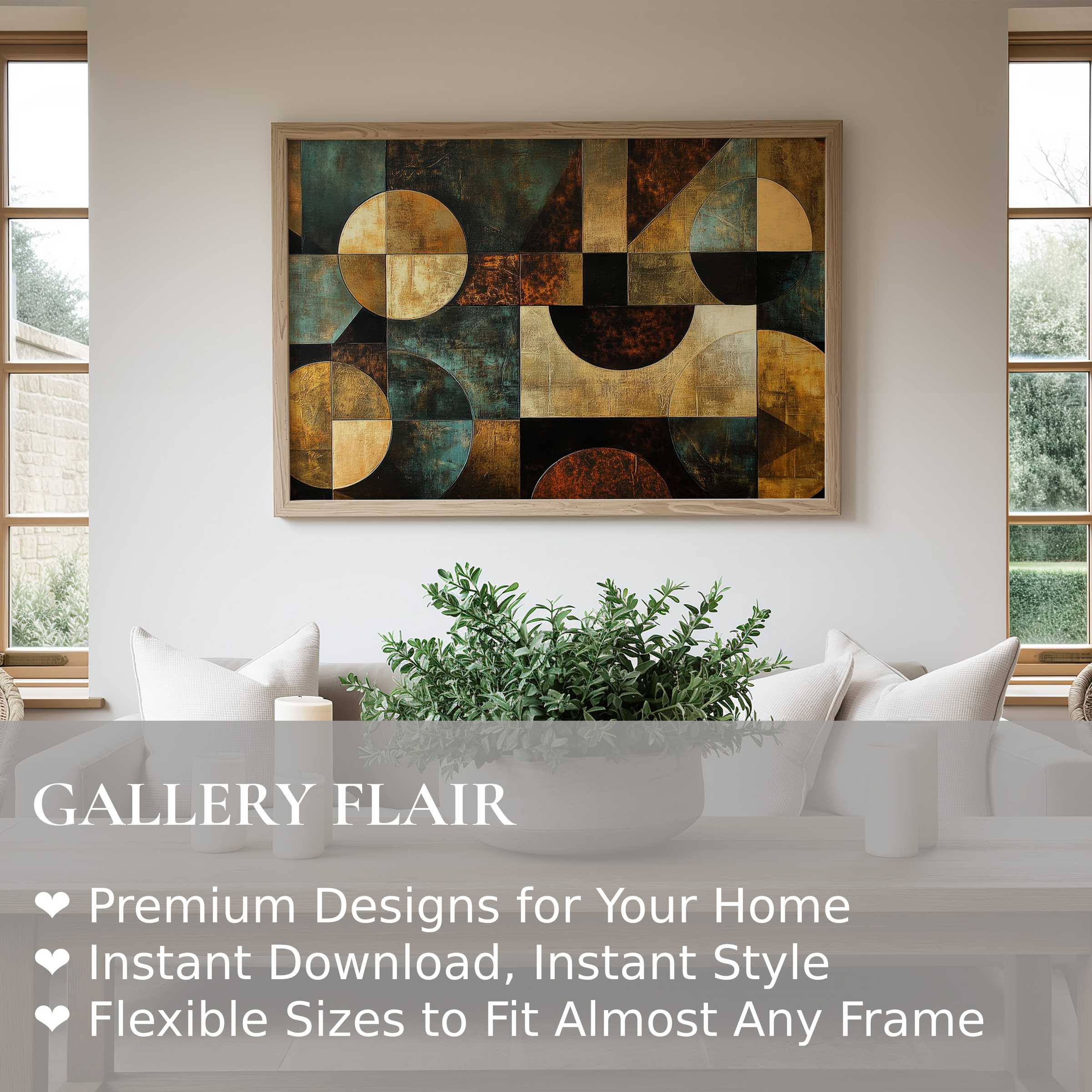 Modern wall art print featuring bold geometric shapes in rich earth tones, perfect for elevating contemporary and minimalist interiors with a warm, artistic touch