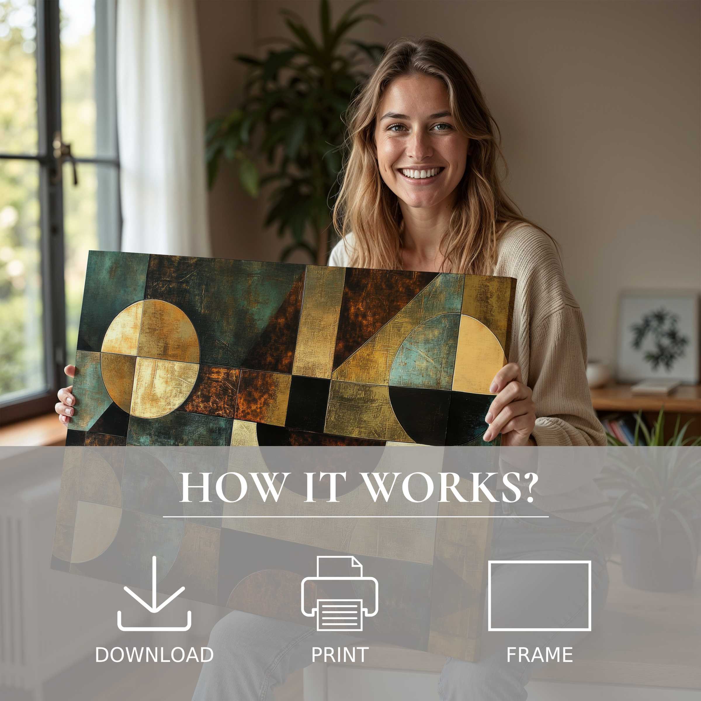 A serene moment of joy as a woman connects deeply with a modern digital art print, enriching her stylish home with effortless beauty and timeless elegance