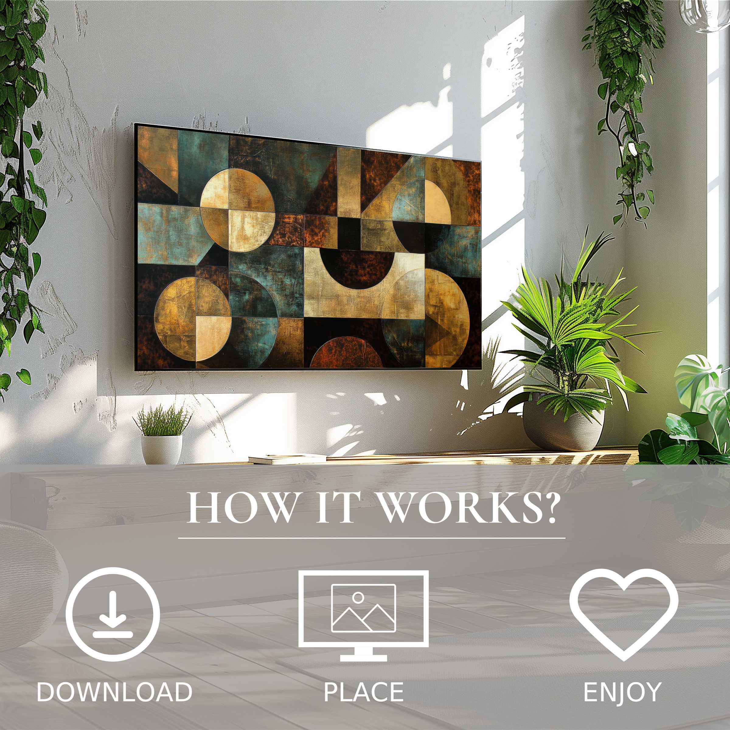 Modern art for Samsung TV featuring geometric motifs in warm earth tones, easy digital download to elevate your living space