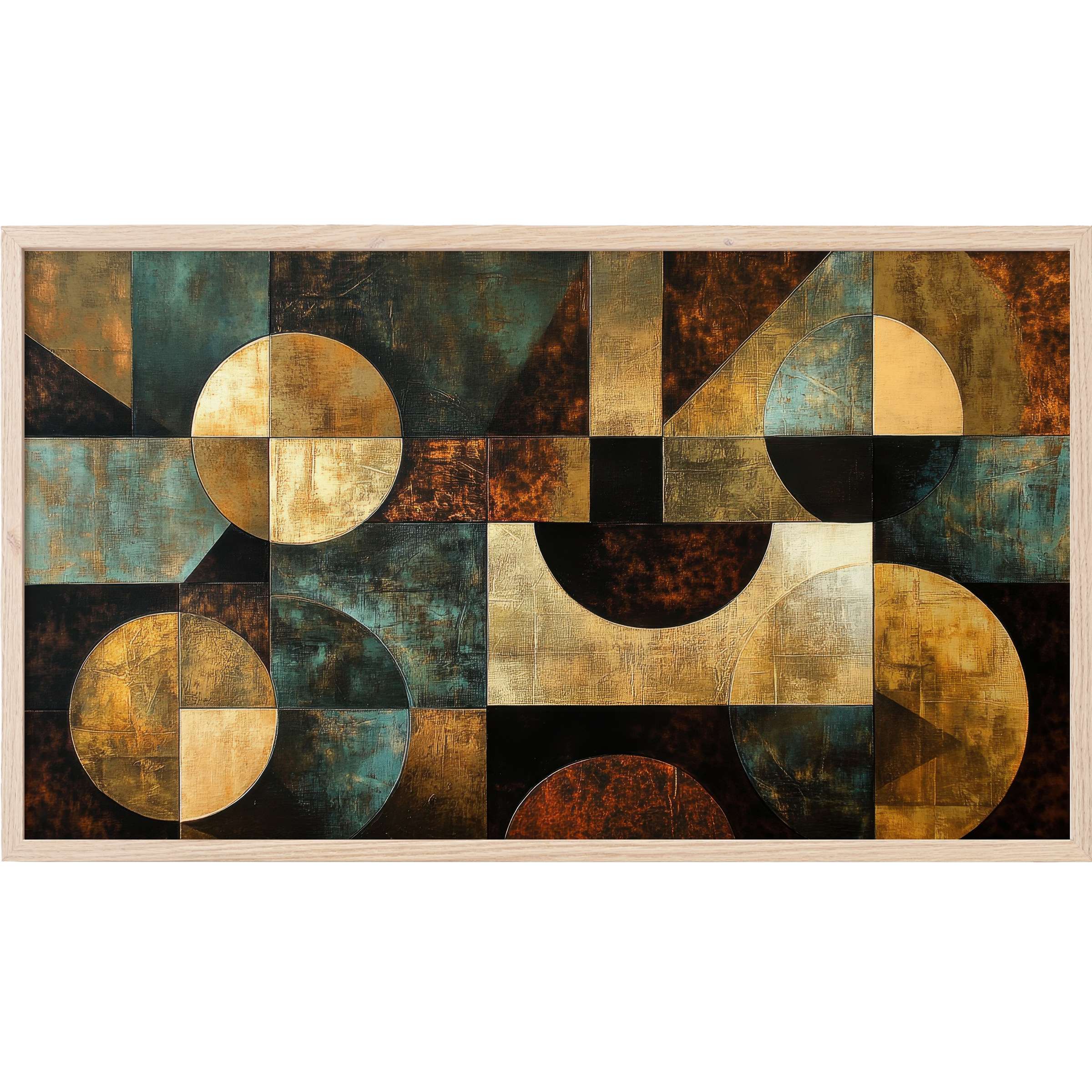 Abstract geometric shapes in rich teal, gold, and rust tones create a sophisticated modern Frame TV Art piece
