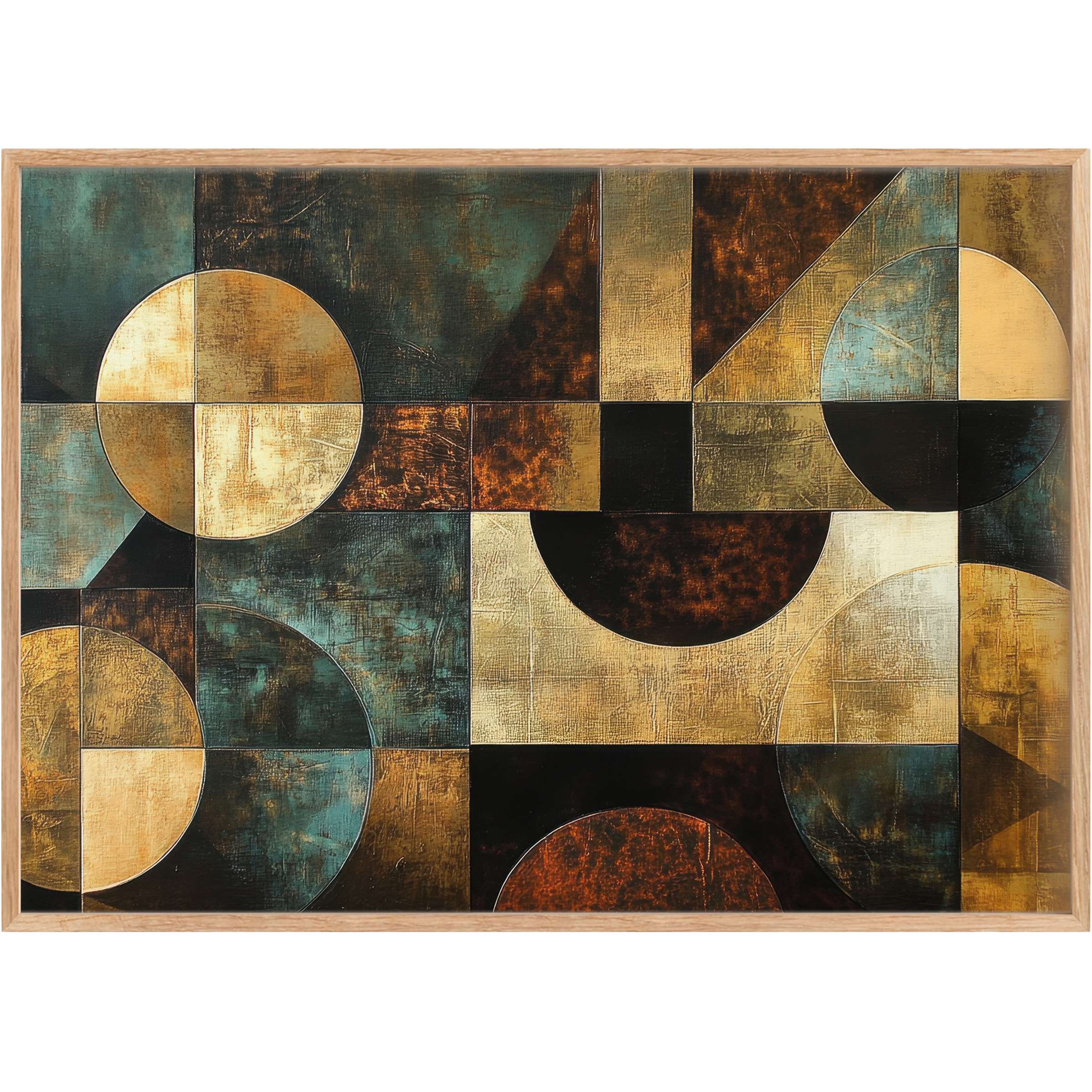 Modern printable wall art featuring bold geometric shapes in warm golds, deep teal, and rich rust, creating a radiant and sophisticated ambiance