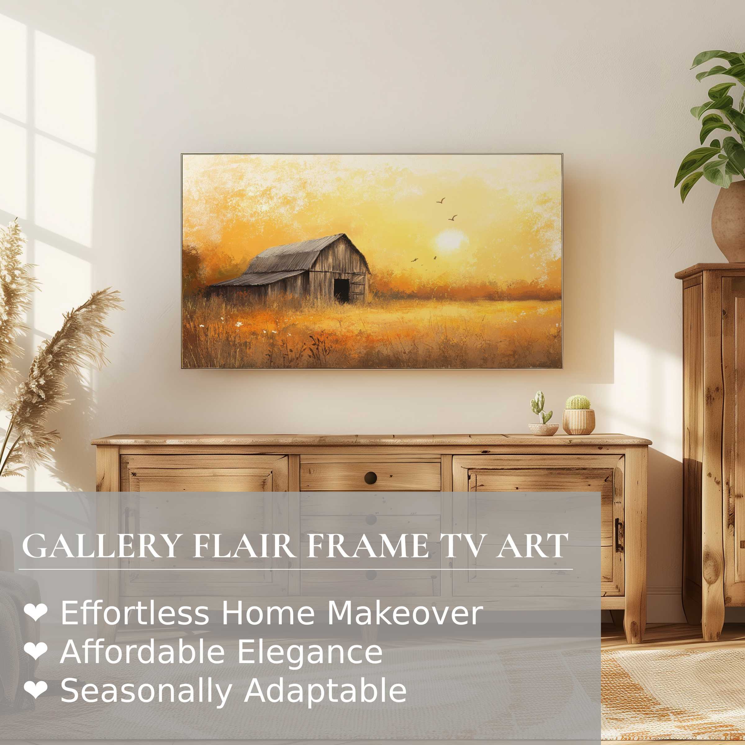 Samsung Frame TV displays warm farmhouse digital artwork in a serene setting with rustic wooden furniture