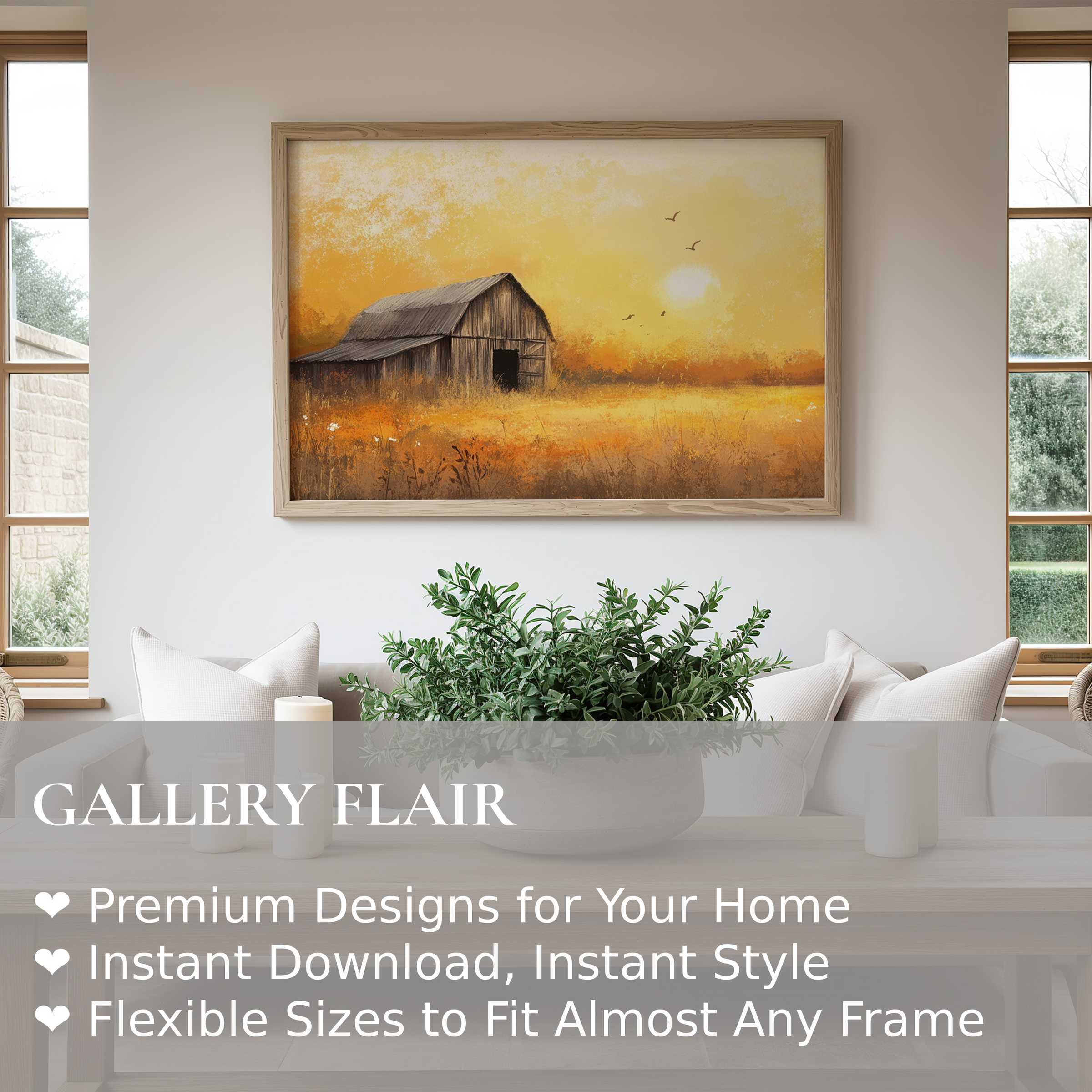 Farmhouse wall art print featuring a radiant sunset barn scene, enhancing modern rustic interiors with warm, calming charm