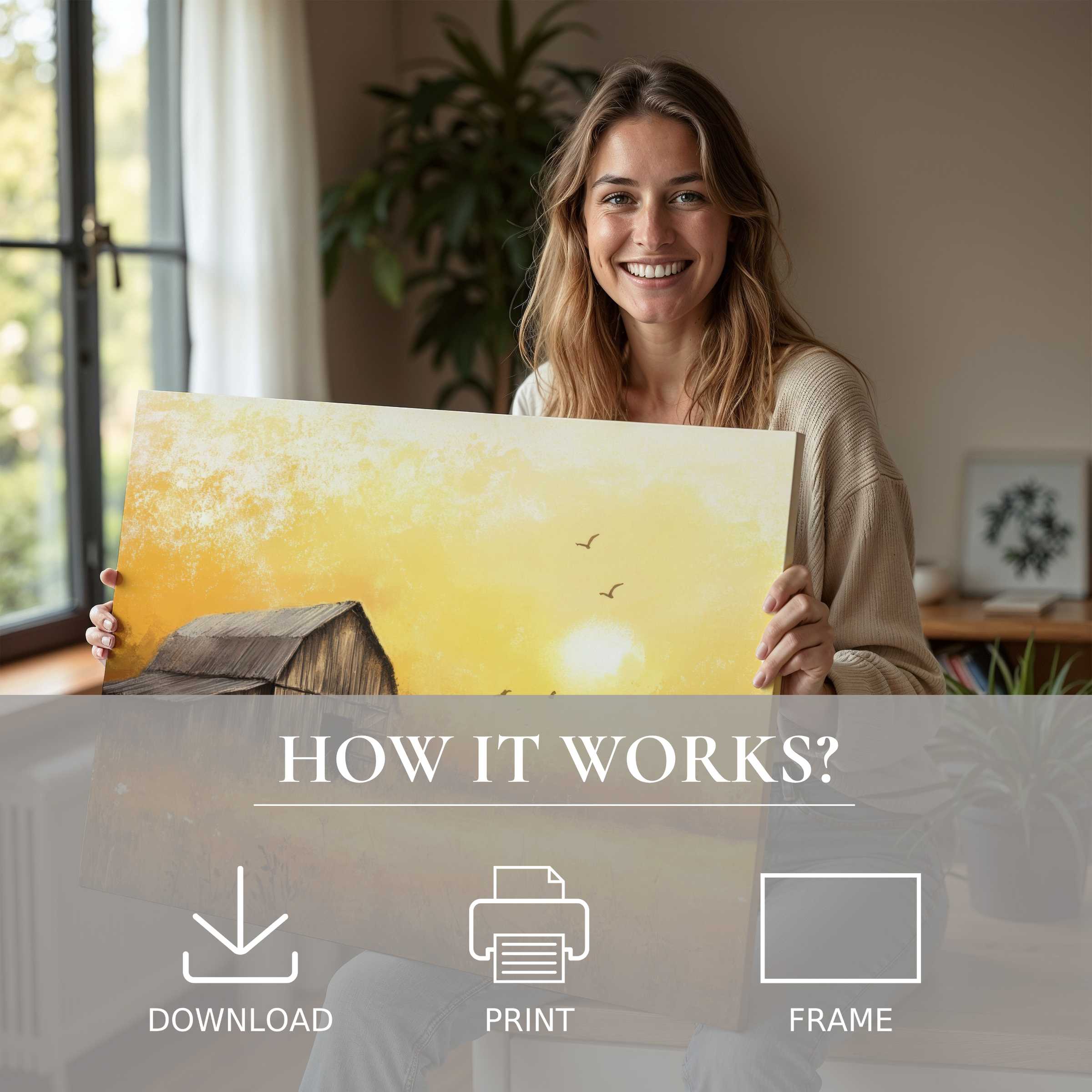 Joyful connection in a modern home, embracing a farmhouse digital art print’s warm, radiant glow and timeless charm