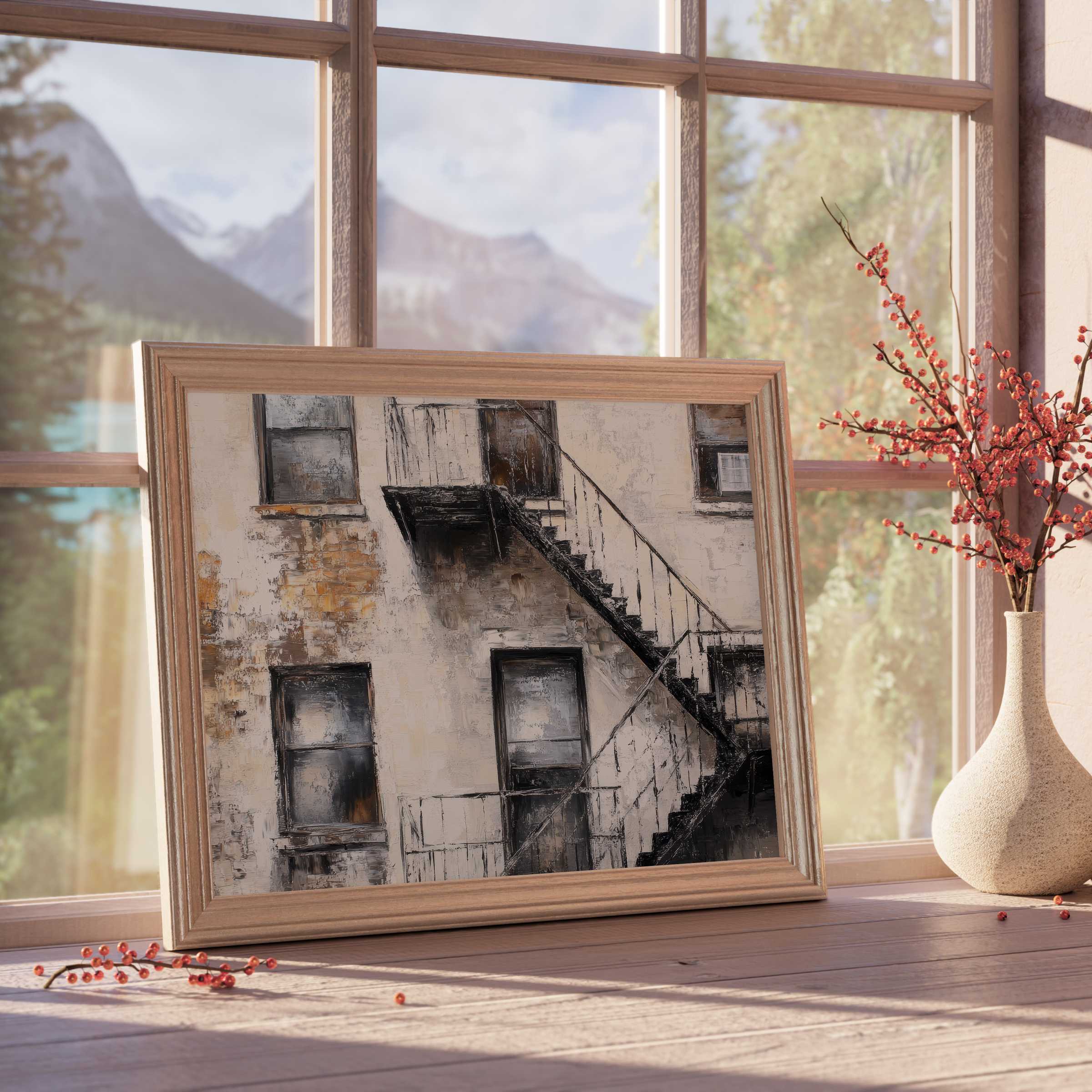 Urban downloadable art captures textured, moody fire escape scenes, elevating curated interiors with timeless, industrial elegance