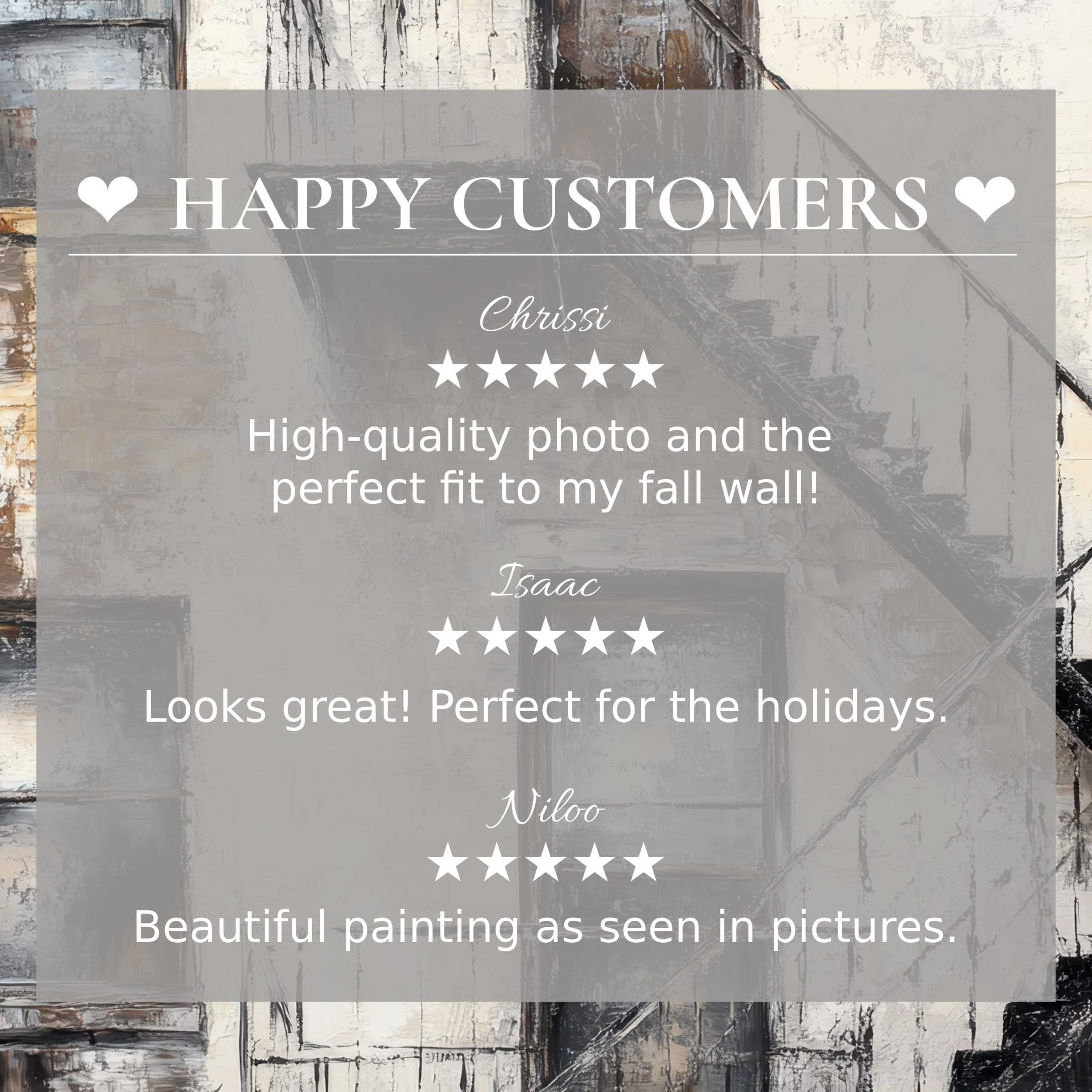 Urban art for Frame TV with abstract neutral tones; happy customer reviews build trust and highlight elegant style