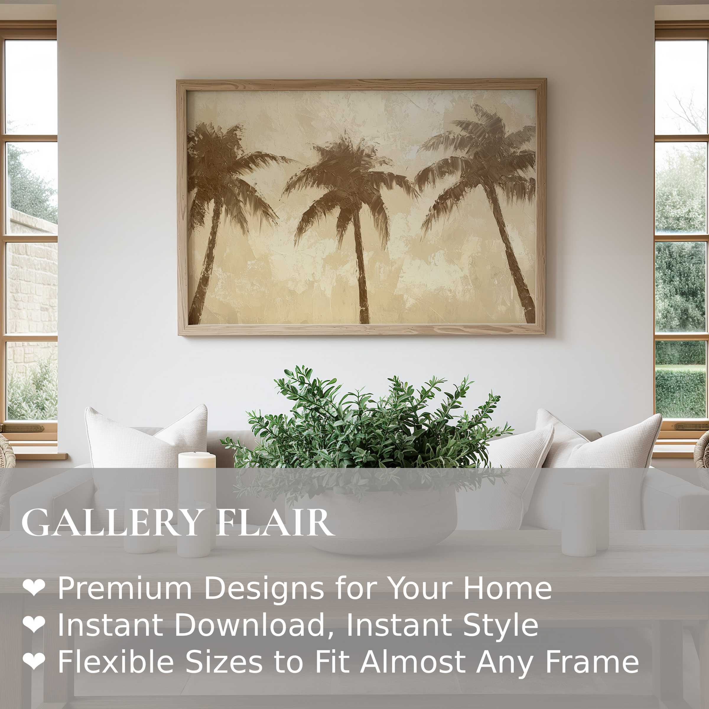 Coastal wall art print with serene palm silhouettes in warm neutrals, enhancing modern minimalist living spaces with calming, natural elegance