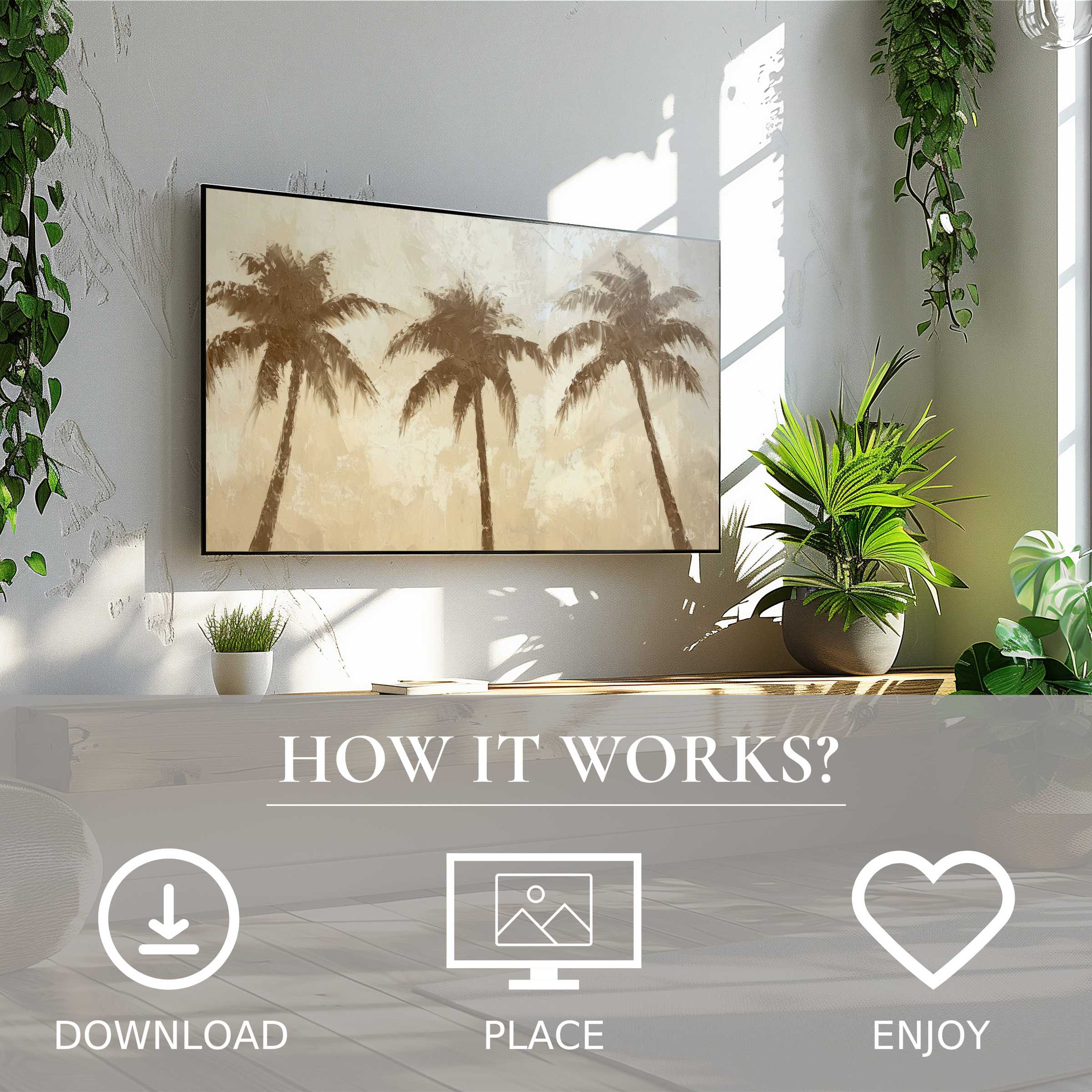 Coastal art for Samsung TV with soft sandy palm tones, easy digital download, enriching modern living spaces effortlessly