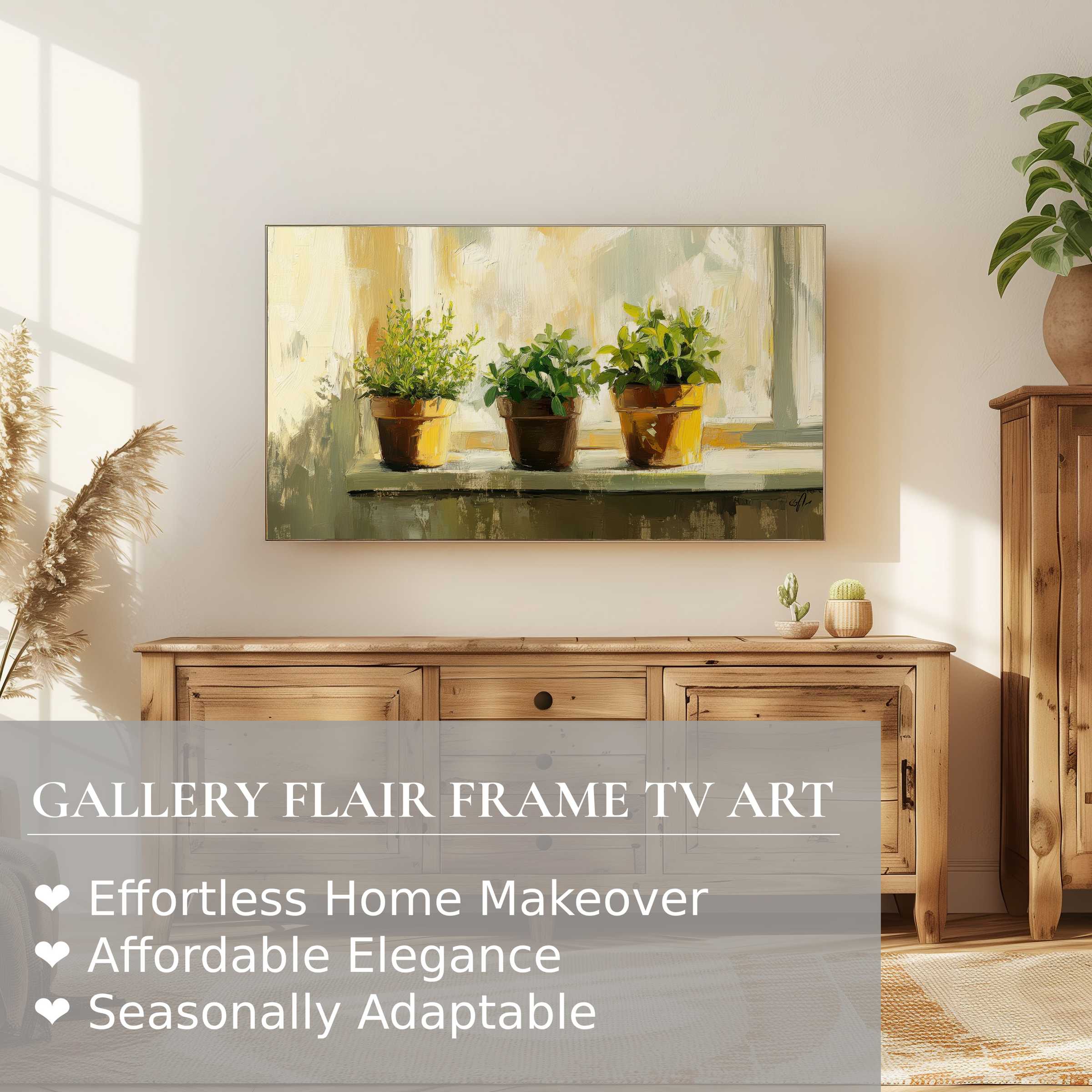Samsung Frame TV displays botanical digital artwork of sunlit potted plants in a warm, elegant modern living space