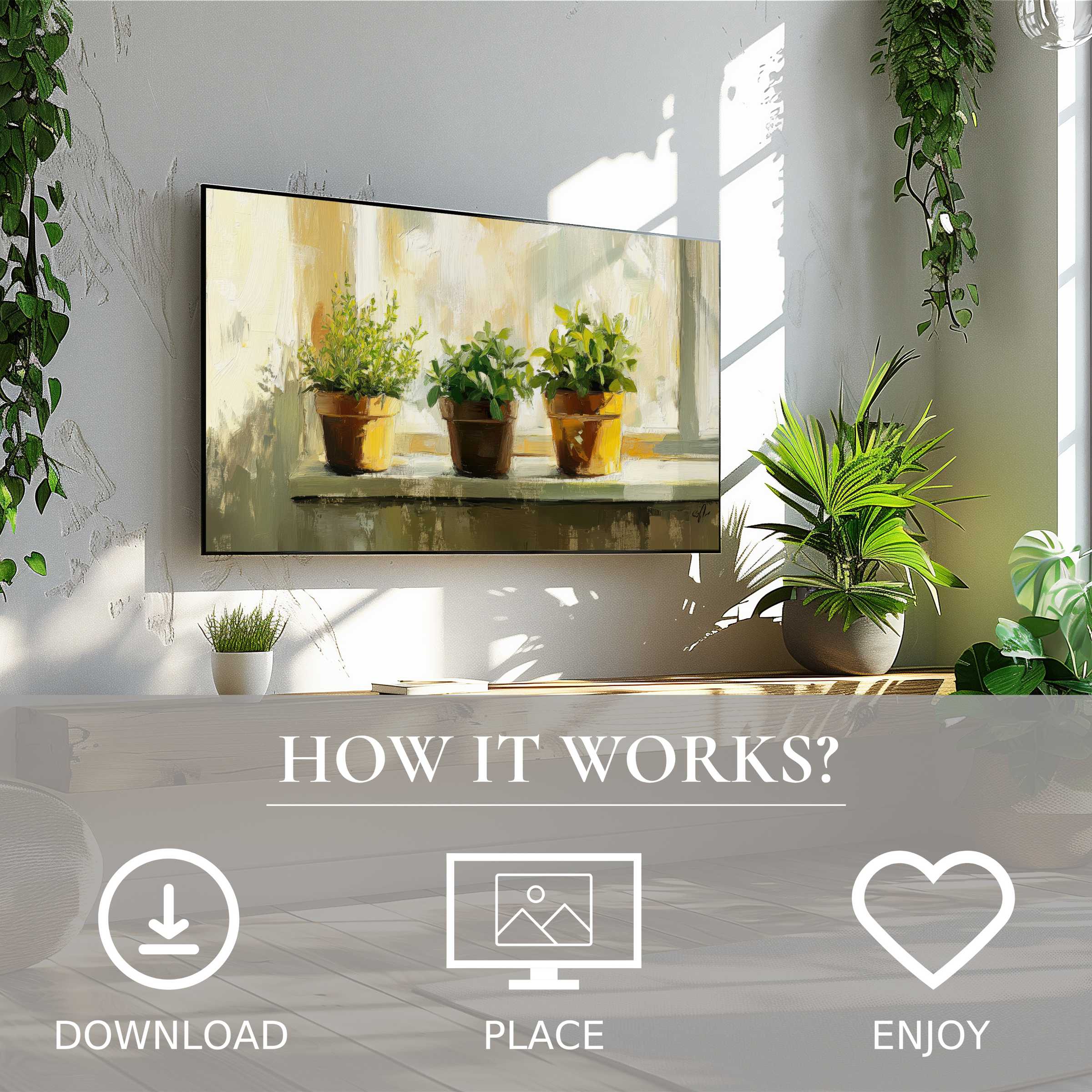 Botanical art for Samsung TV showing sunlit potted plants; easy digital download enriches modern living spaces