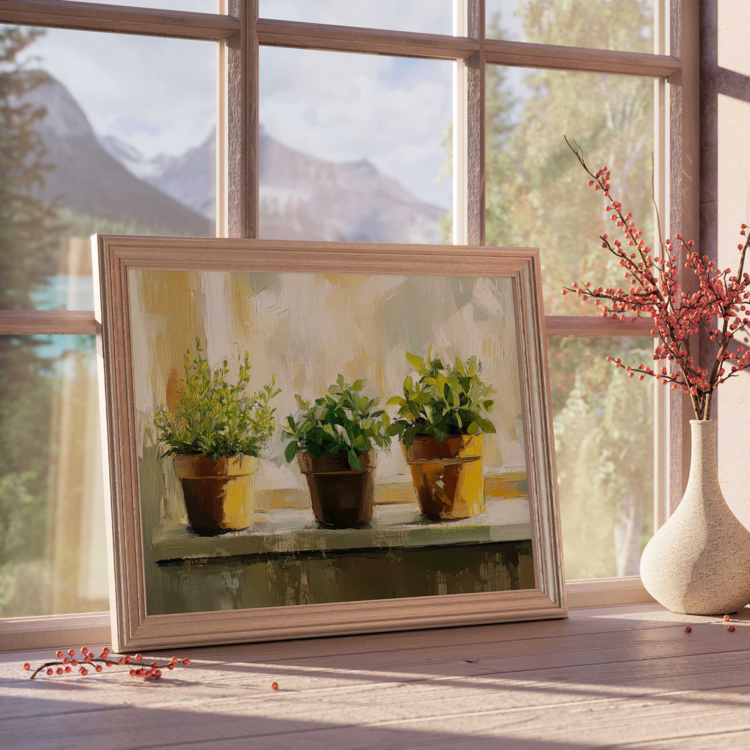 Botanical downloadable art featuring serene potted herbs, framed in natural wood, elevating tranquil, design-forward interiors